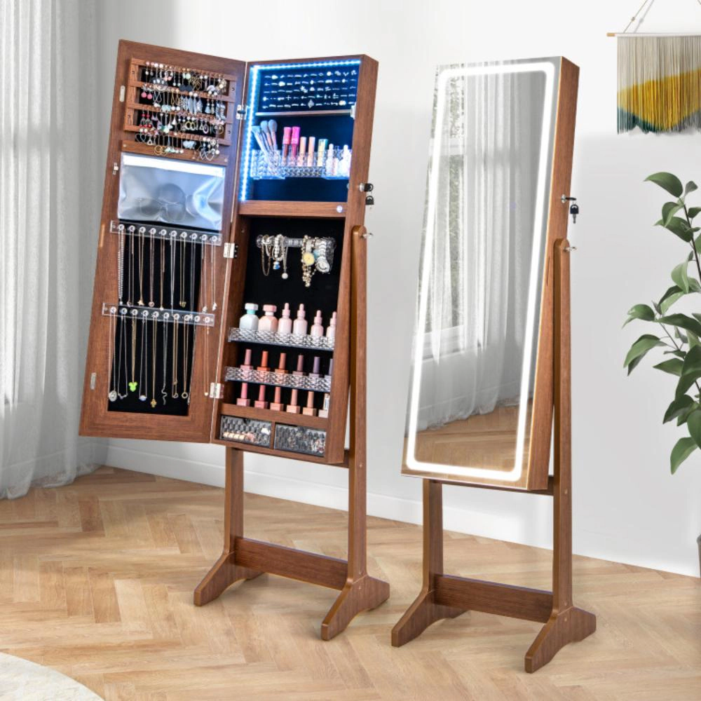 Hivvago Lockable Jewelry Armoire Standing Cabinet with Lighted Full-Length Mirror