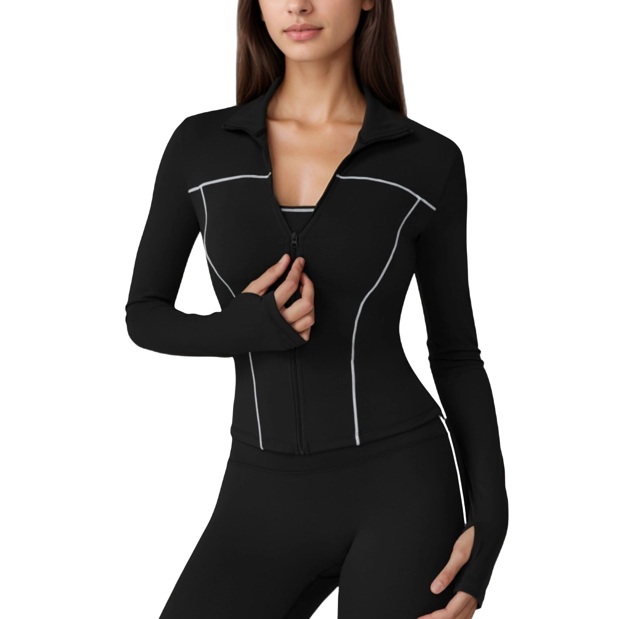 Anna-Kaci Women's Fitted Zip-Up Activewear Jacket with High Collar Long Sleeves and Contour Seaming for Workout Wear
