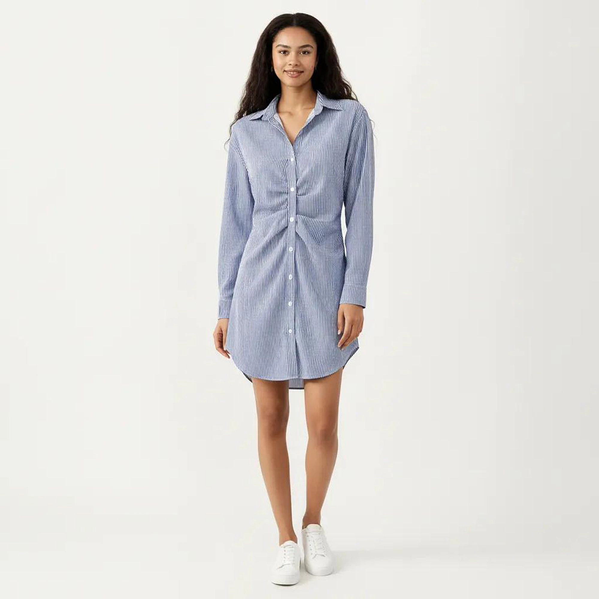 Anna-Kaci Women's Long Sleeve Button Down Twist Front Detail Relaxed Fit Shirt Dress