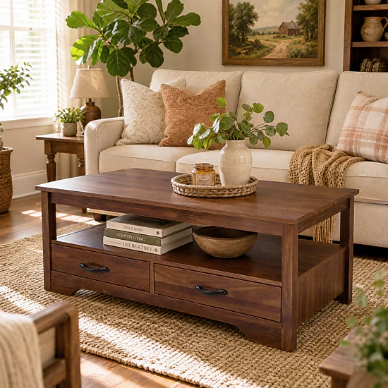 BebreezChic Farmhouse Coffee Table with 4 Drawers & Open Shelf – Light ...