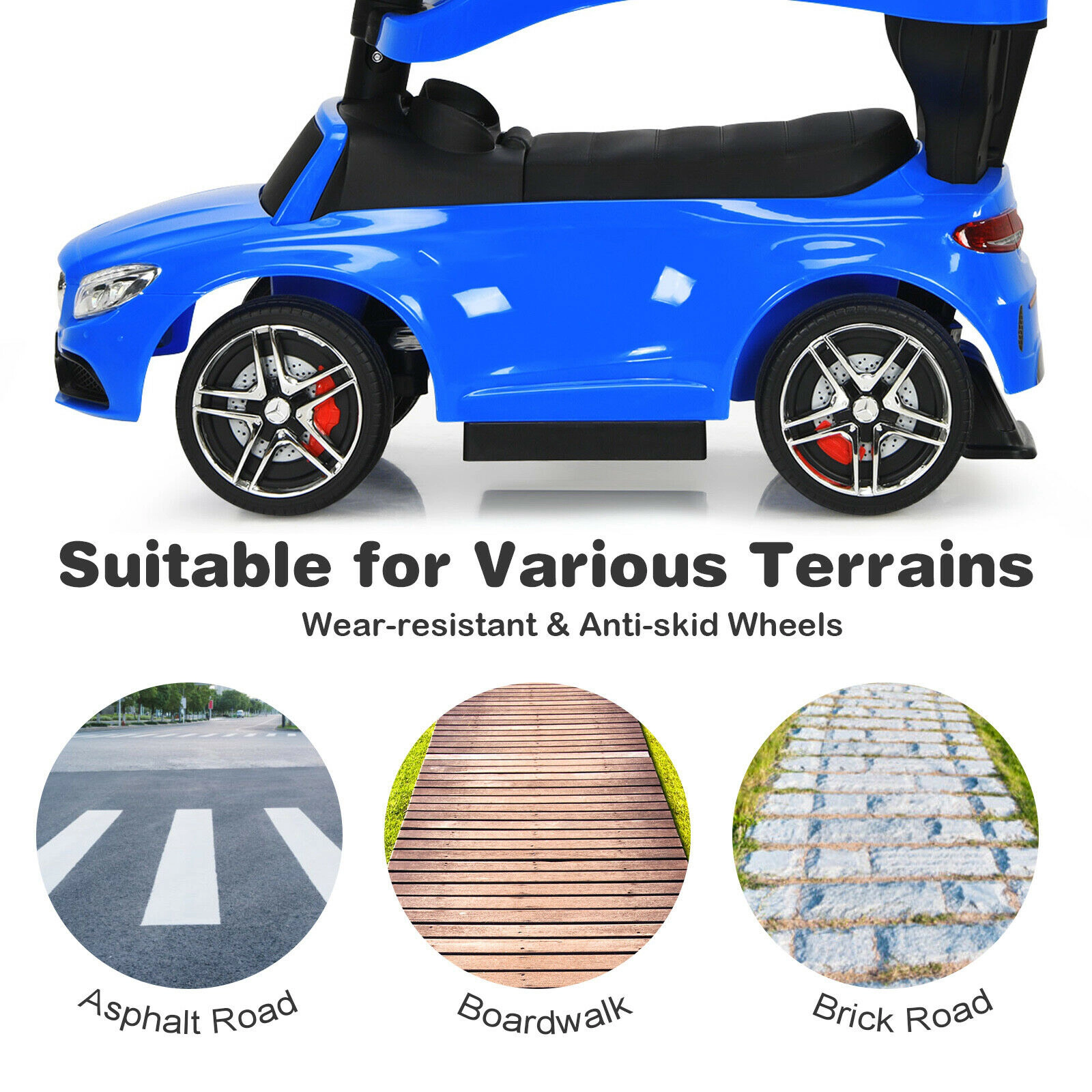 SUGIFT 3-in-1 Ride-On Push Car Mercedes-Benz Sliding Car Canopy 55-lb Capacity Ages 18-36 Months Black Navy Pink