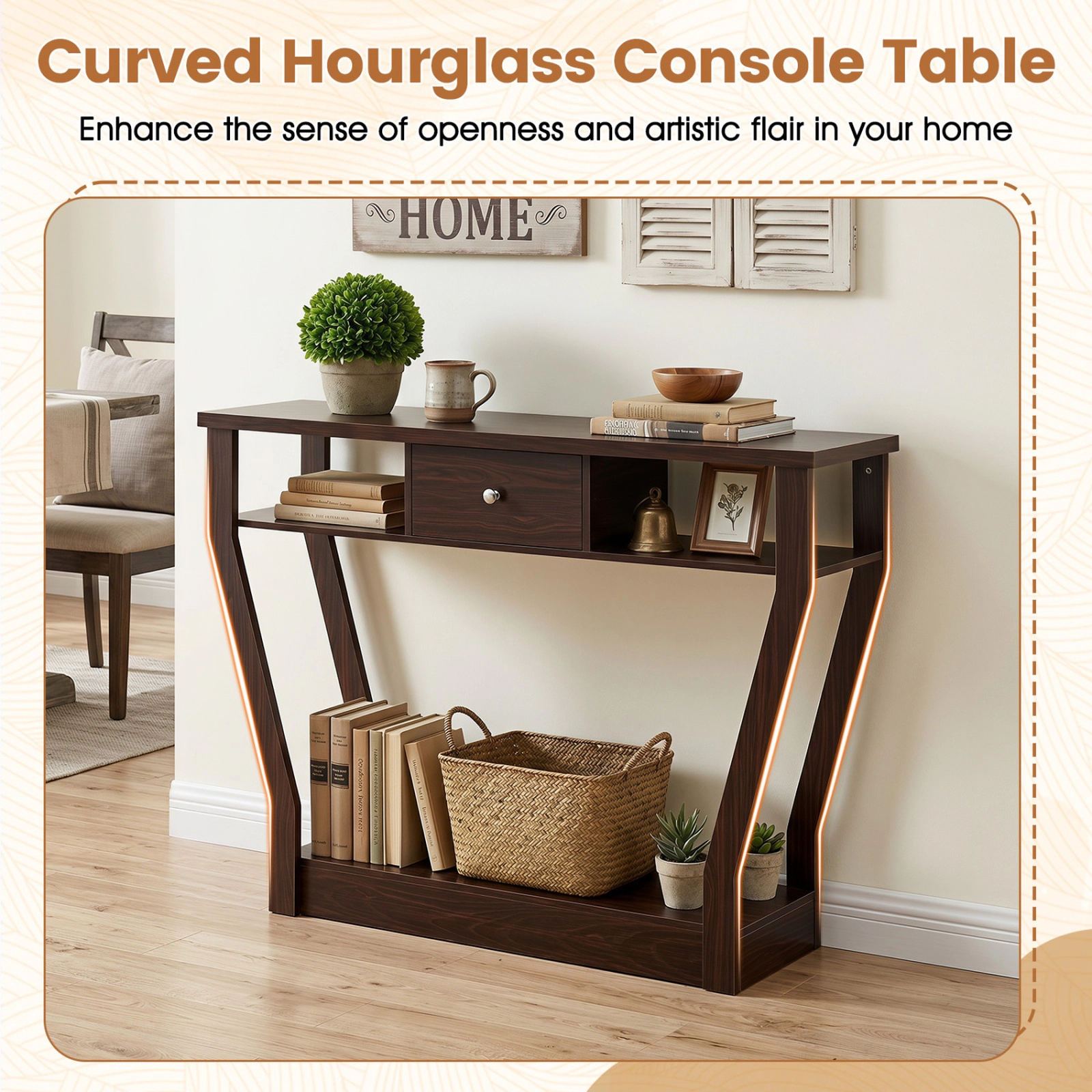 SUGIFT 3-Tier MDF Console Accent Table with Drawer 66-lb Capacity 43-in Wide Sofa Accent Table 30.5-lb Net Weight Brown