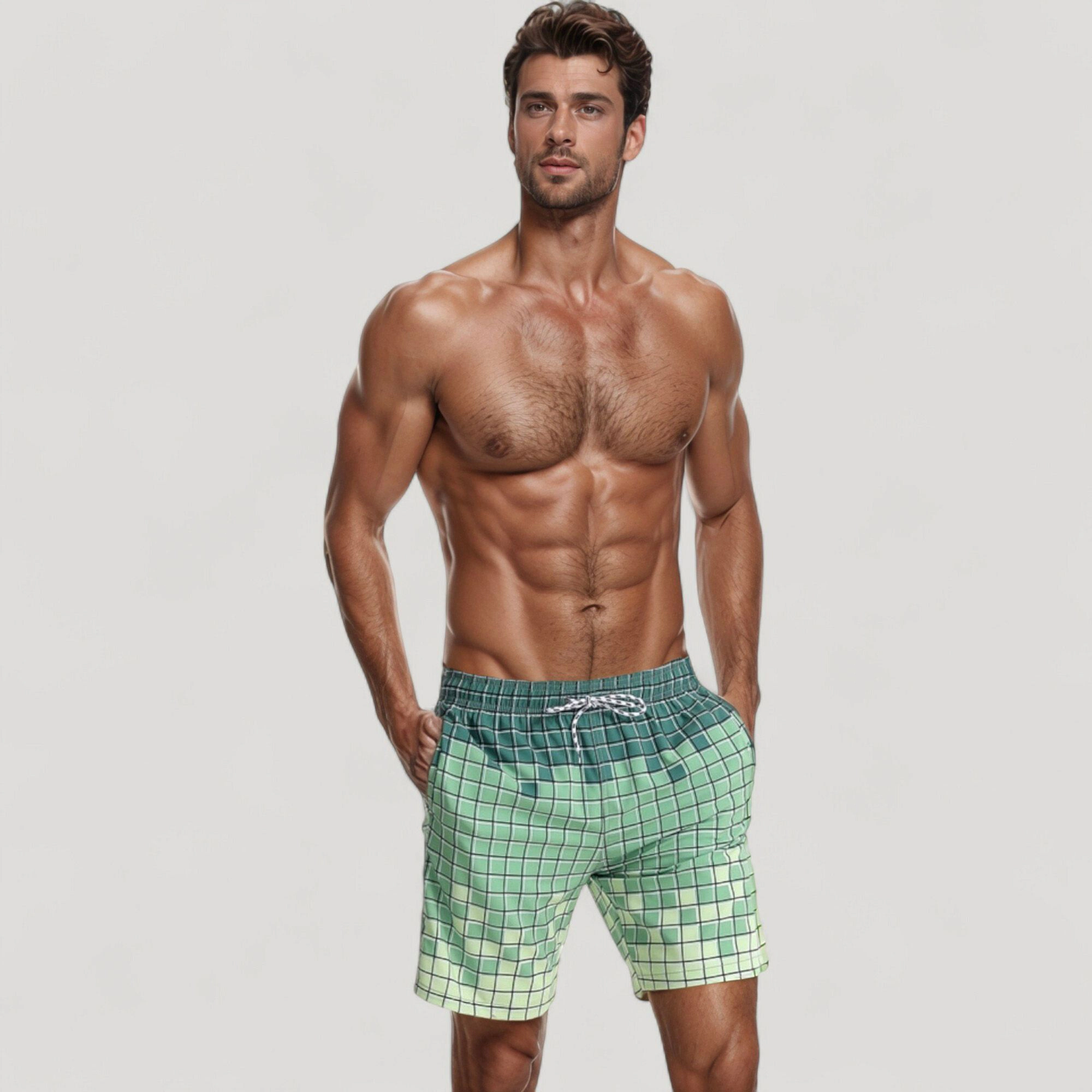 Anna-Kaci Men's Gradient Checkered Swim Trunks with Adjustable Drawstring Waistband and Quick-Dry Lightweight Fabric