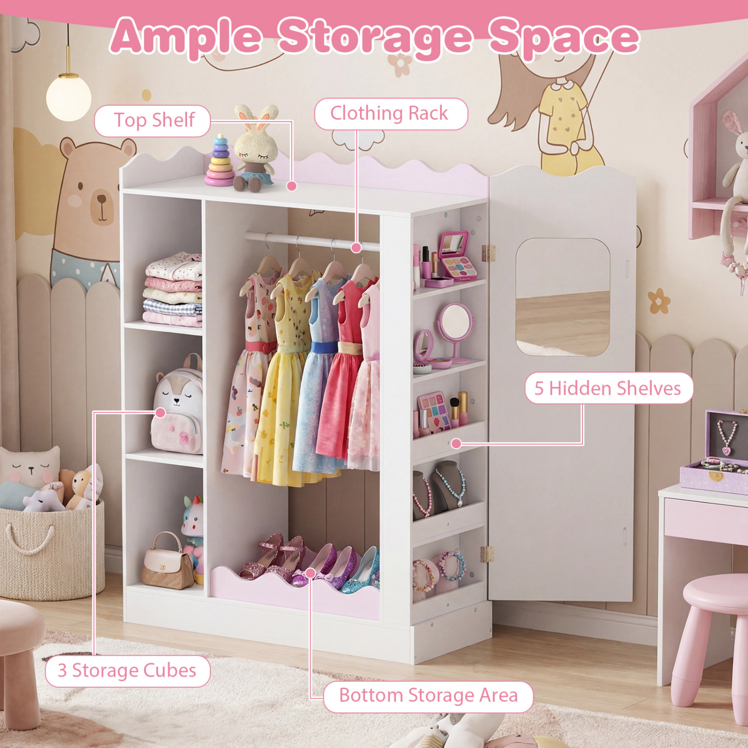Hivvago Kids Dress Up Storage with Mirrors and Hanging Rack and Shelves for Bedroom
