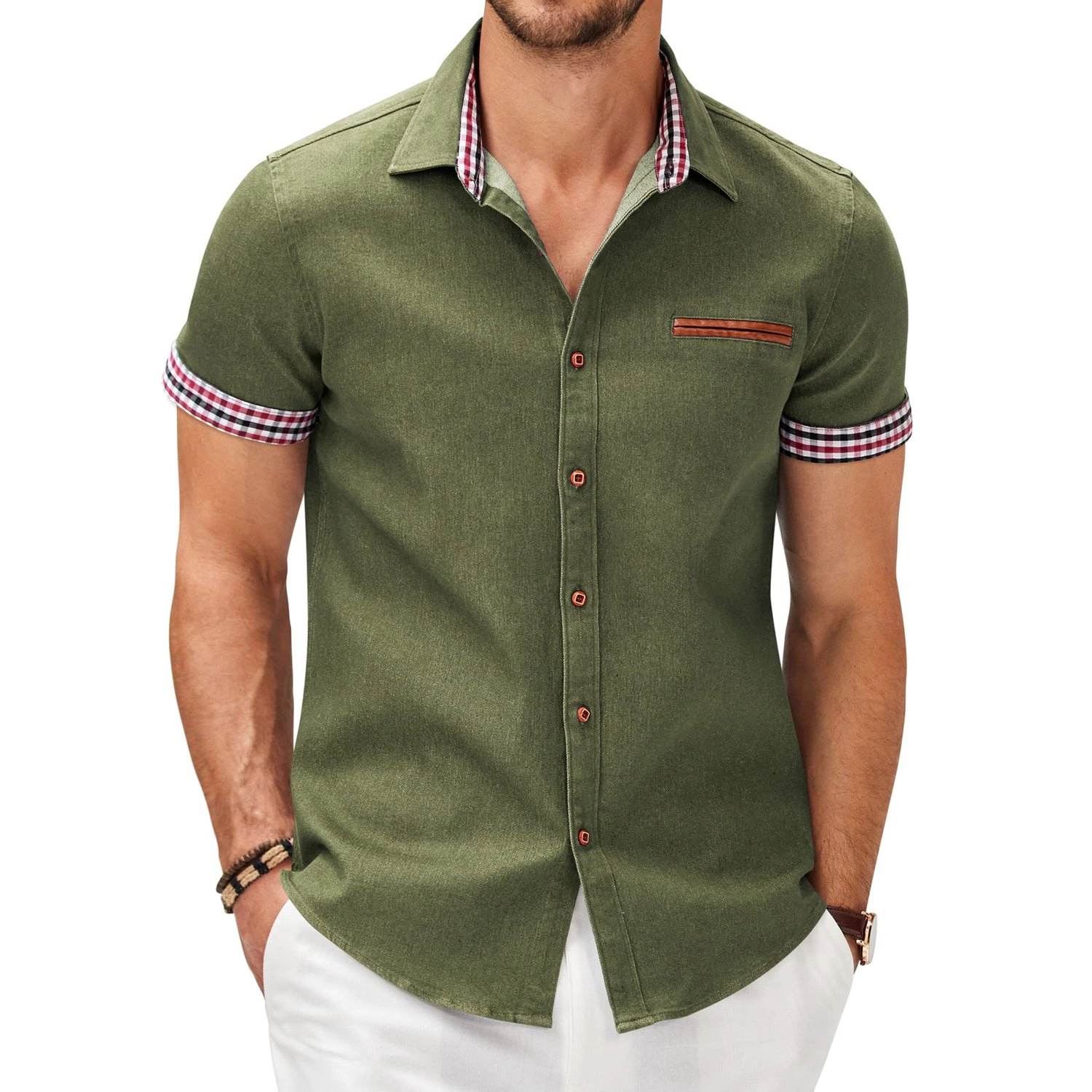 COOFANDY Mens  Short Sleeve Button Down Shirt Lapel Collar Plaid Casual Tops
