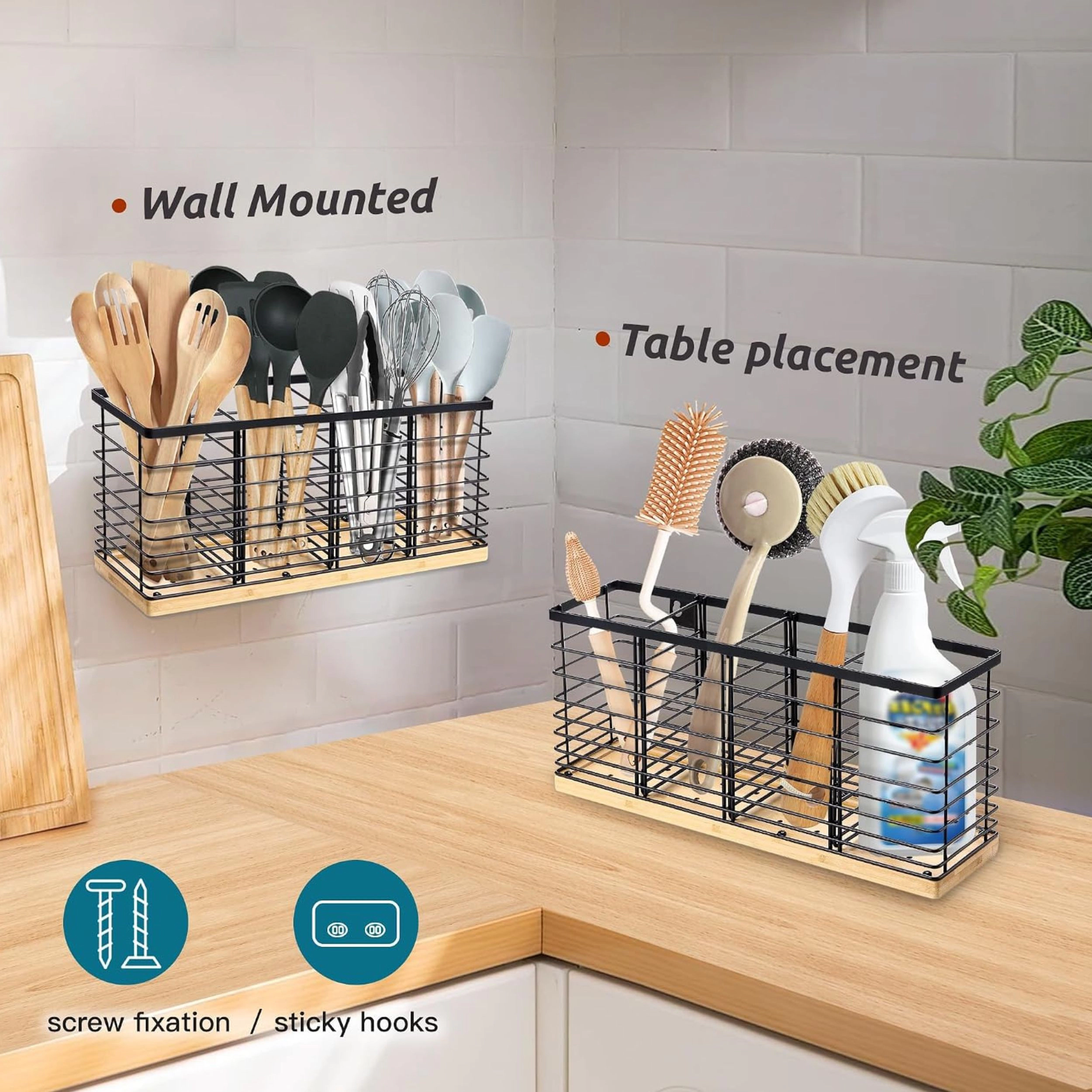 Stock Preferred Extra Large Metal Kitchen Utensil Holder with Wooden Base and Divider