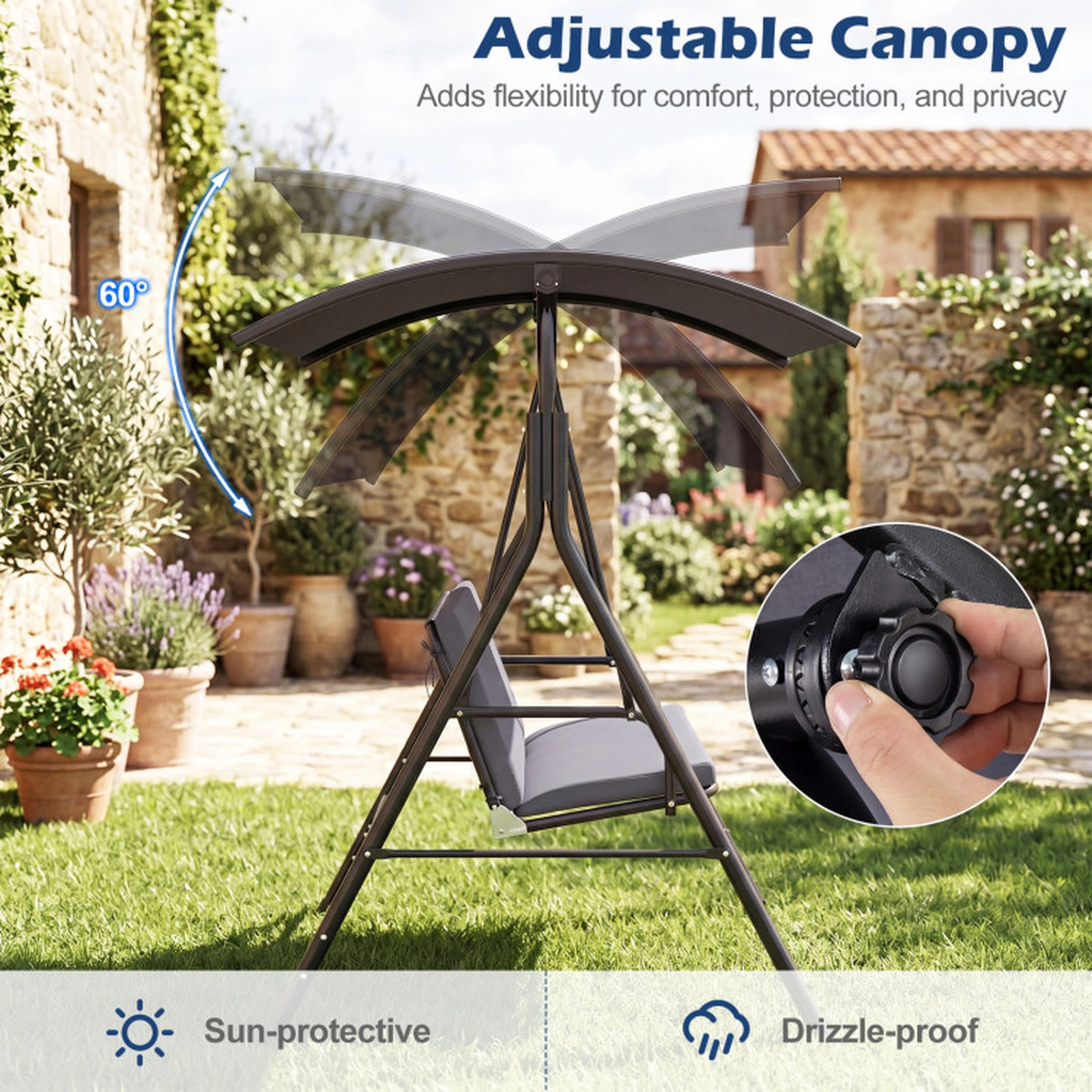 SUGIFT Gray Adjustable Canopy Removable Cushion and Metal Stand Patio Swing Chair