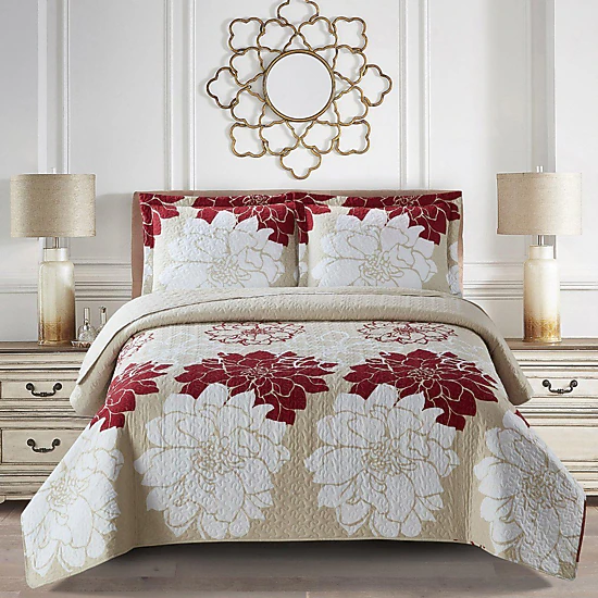 Egyptian Linens Helena Burgundy Floral Reversible Microfiber Quilt Set