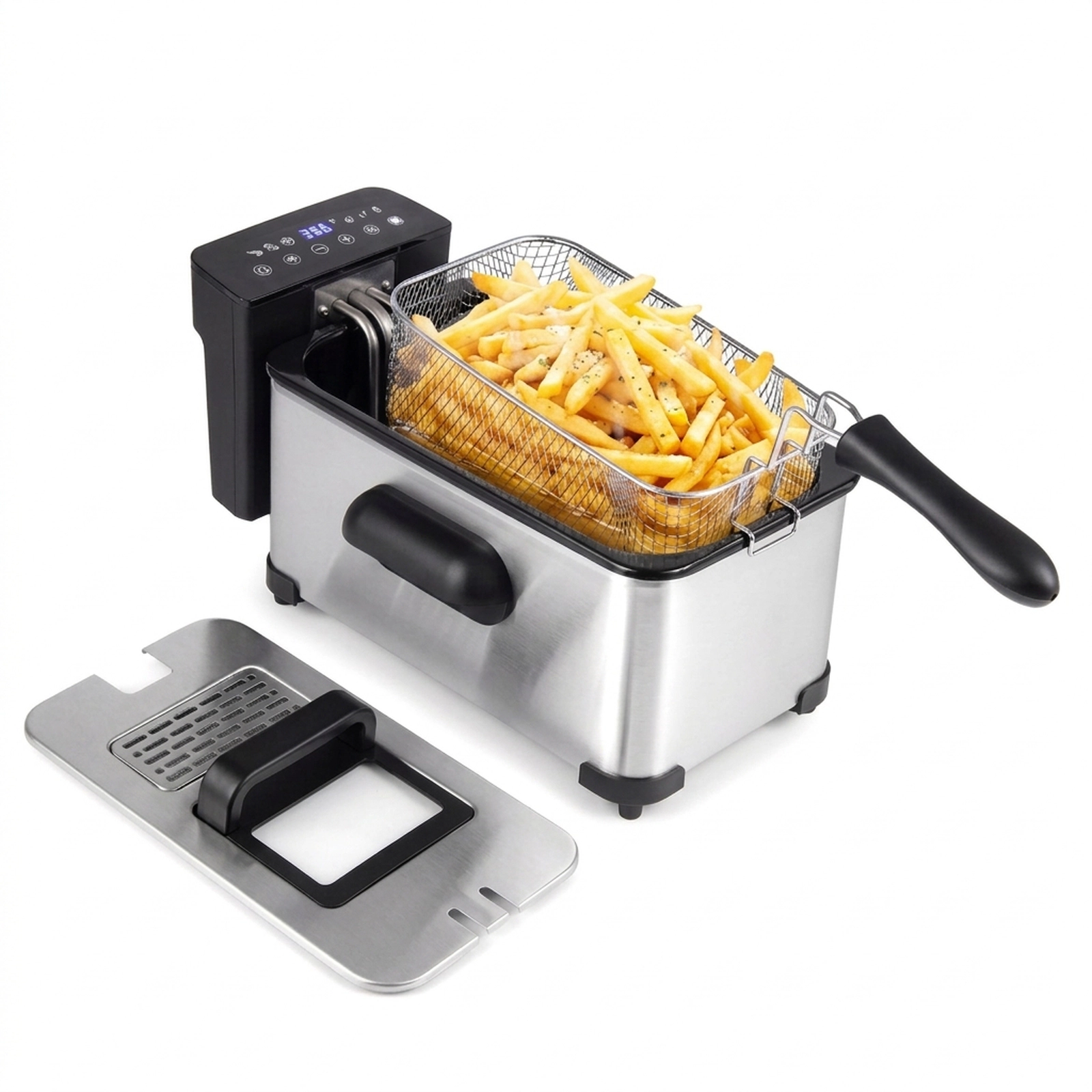 SUGIFT LED Touch Screen Electric Deep Fryer 3.2-qt Enamel Oil Tank 1700W 6 Presets 212-374 F Thermostat Silver/Black