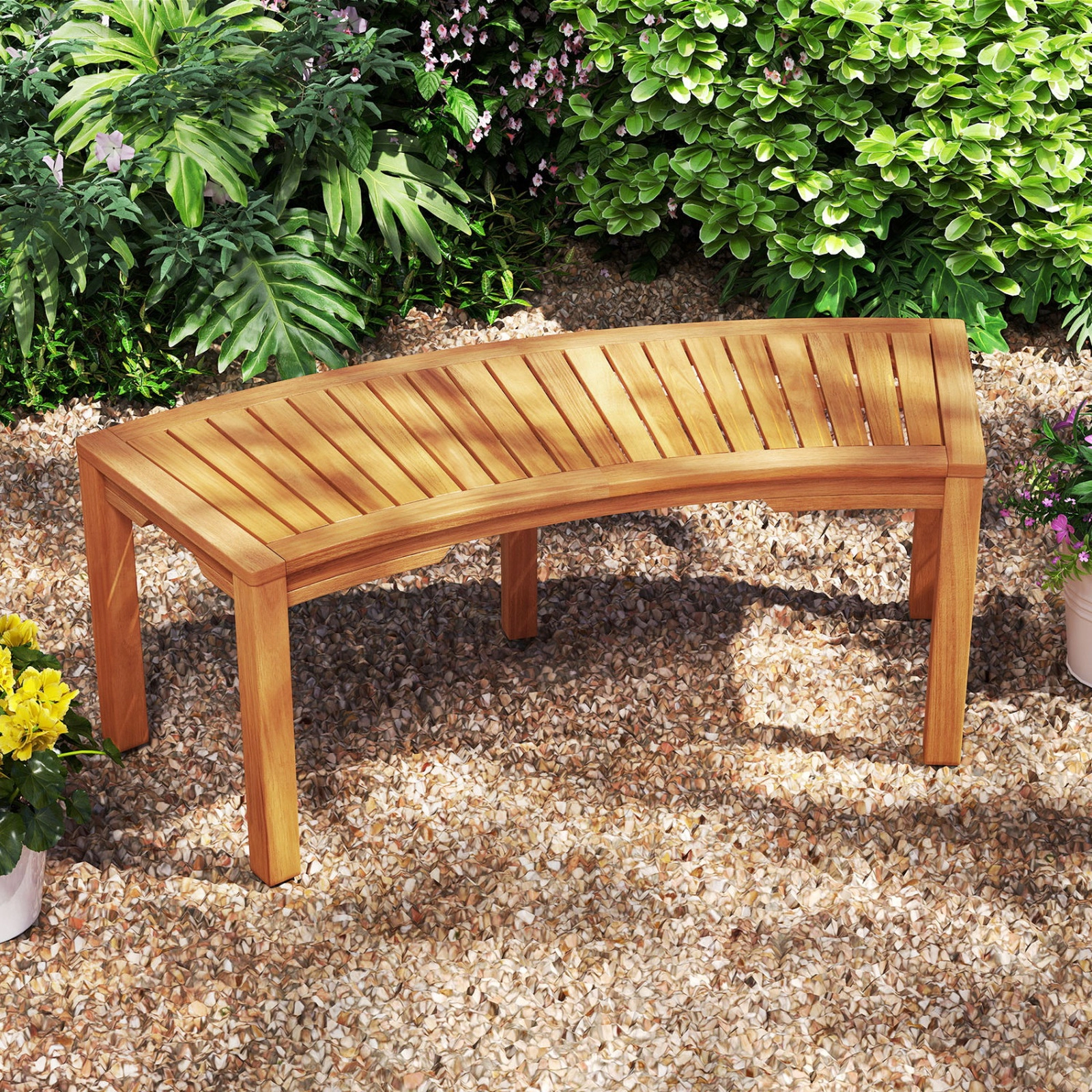 SUGIFT Set of 2 Outdoor Benches Natural Acacia Wood Curved Garden Bench for 2 People
