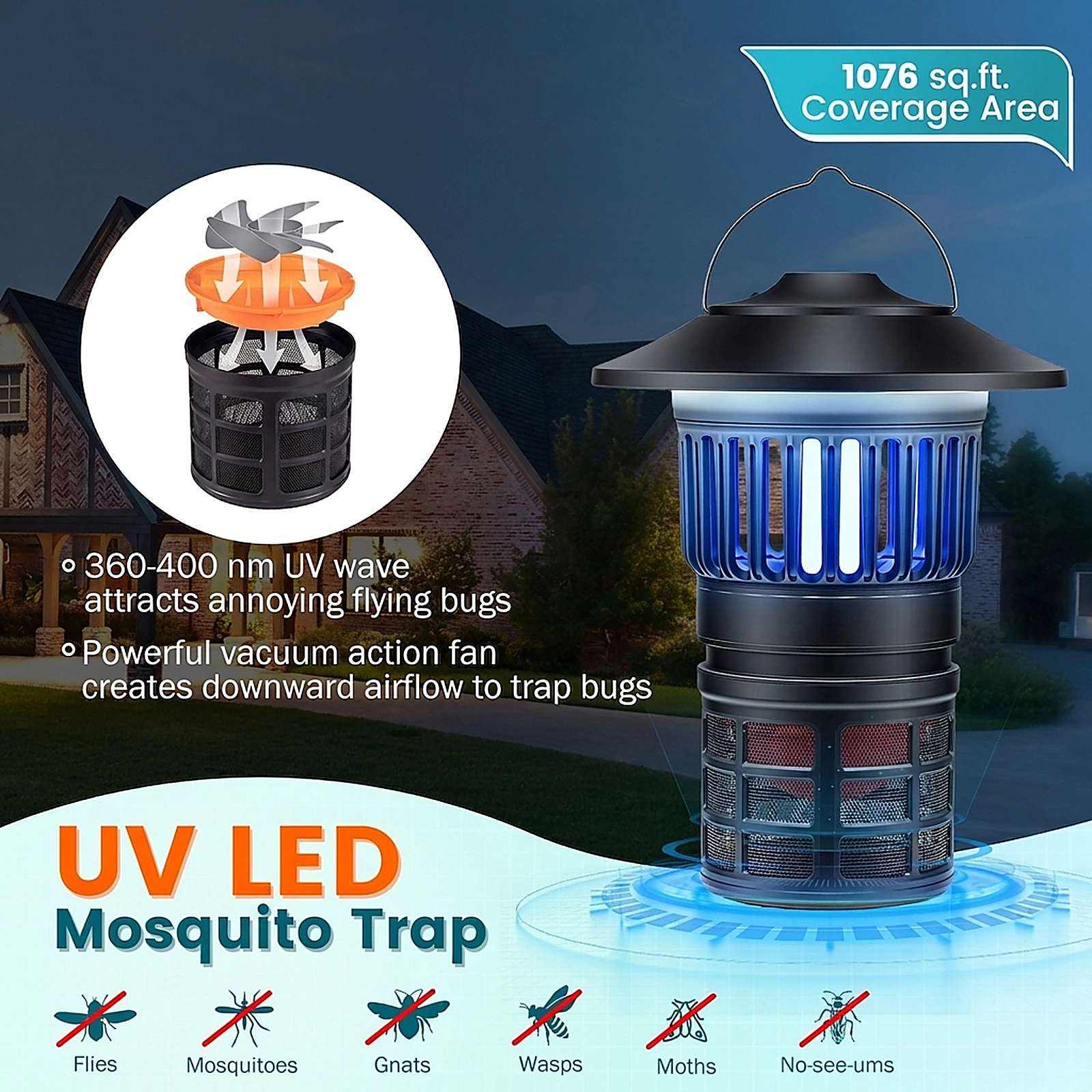 SUGIFT Black Rechargeable Outdoor Bug Zapper Lantern with UV Light 10-in W 10-in D 13.5-in H 1076-sq-ft Coverage