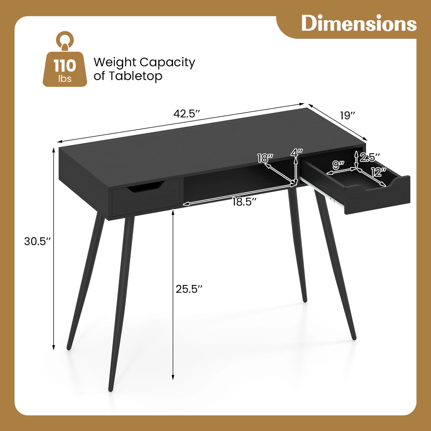 LJG 42.5" Mid Century Modern Writing Desk with Metal Leg and Drawers