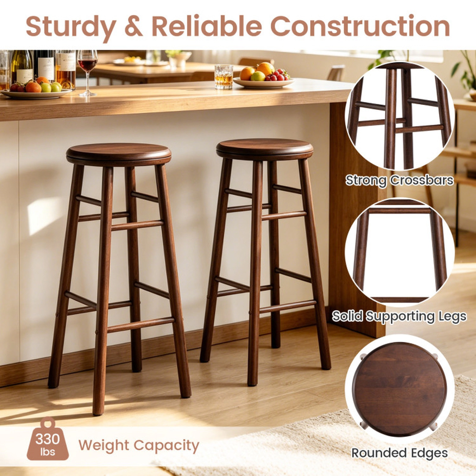 SUGIFT Set of 2 29-in Walnut Rubber Wood Swivel Bar Stools with Footrests