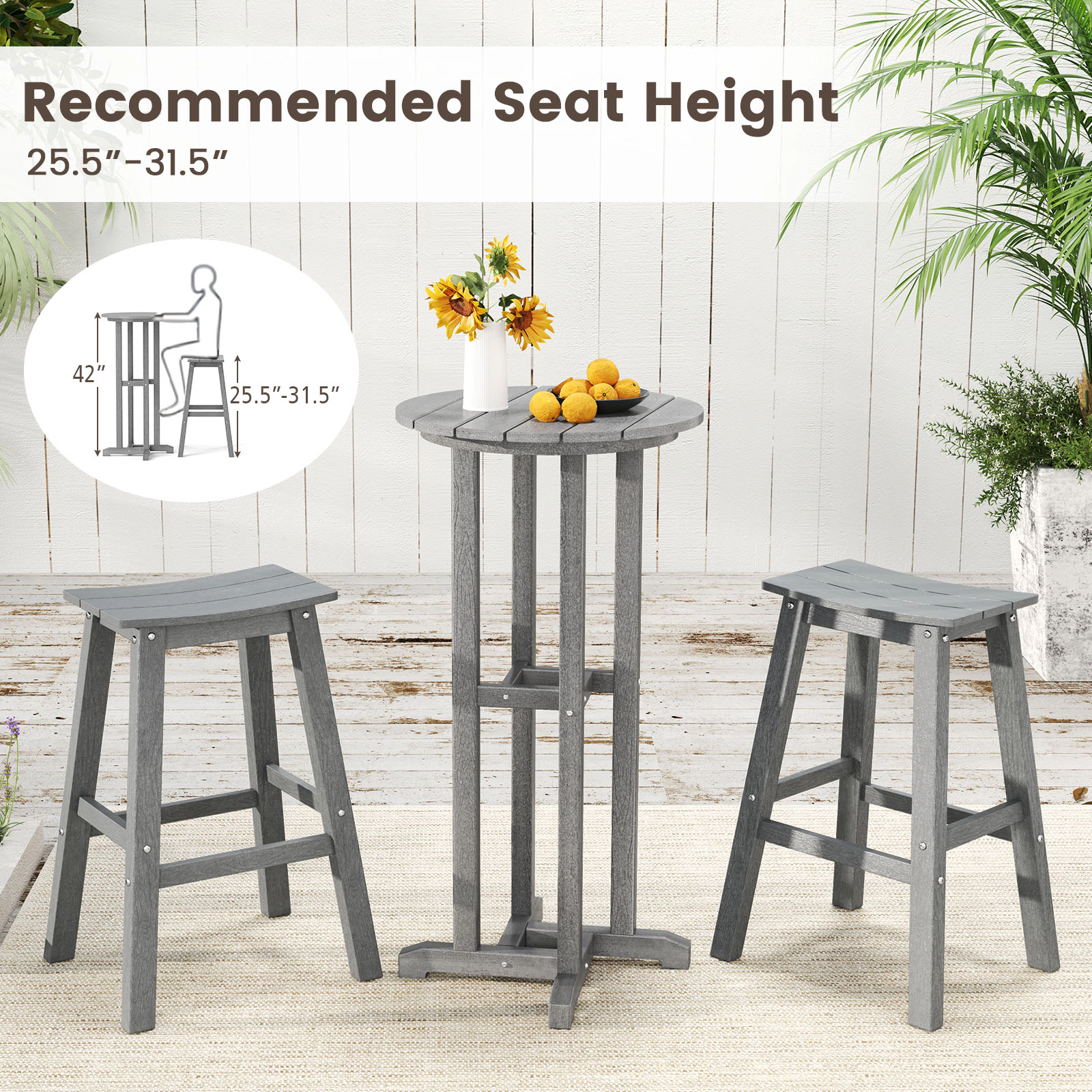 SUGIFT 21.5-in Round HDPE Bar Height Dining Table 110-lb Capacity Slatted Tabletop for 25.5-31.5-in Seat Height Gray