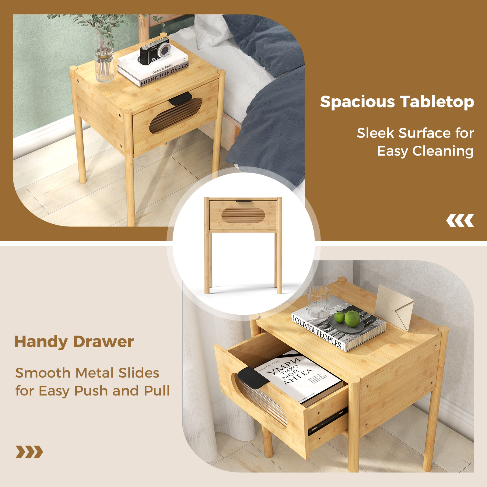 Hivvago Bamboo Nightstand Square Tall End Table with Decorated Drawer-Natural