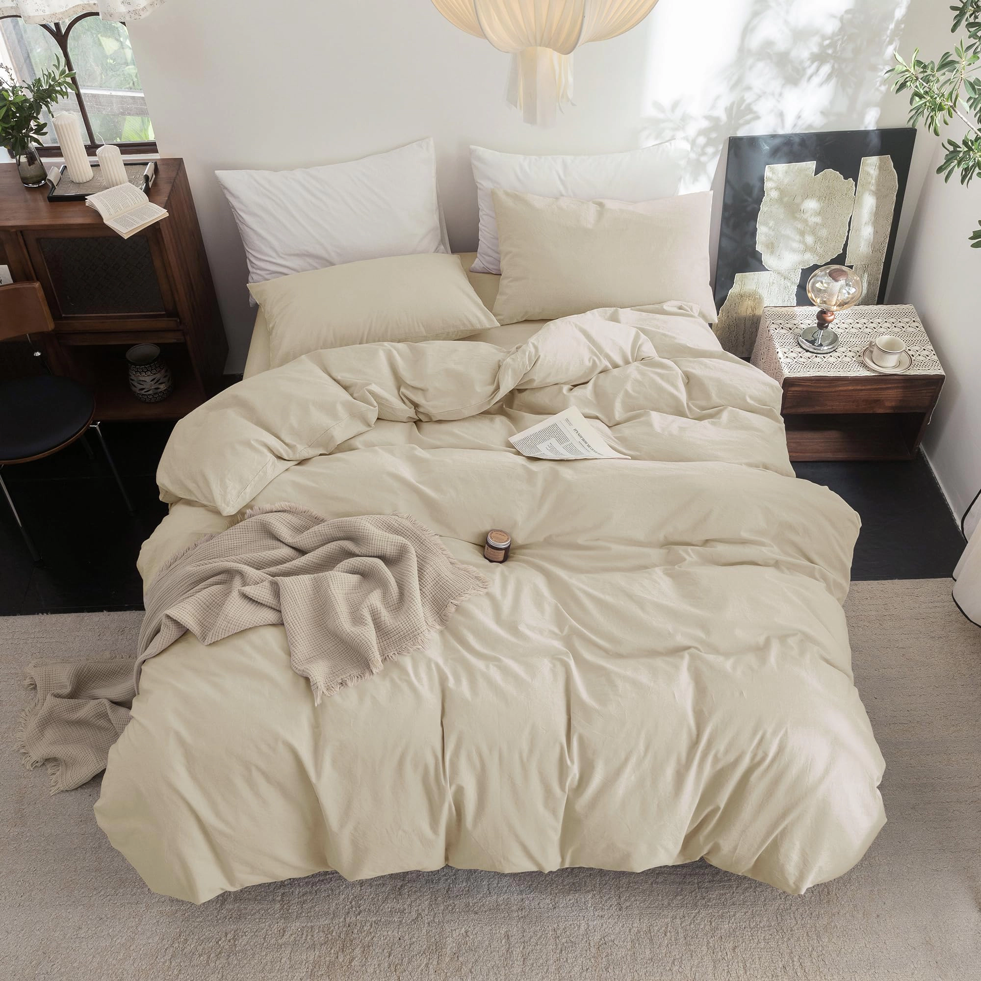 PUPWE Duvet Cover Set Washedton Linen Feel Oversized King