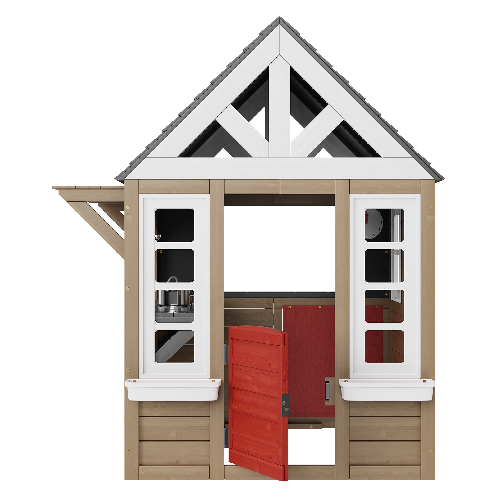HONGGE Cedar Wood Outdoor Playhouse for Kids Ages 2-8, Country Cottage with Working Door, Windows and Play Kitchen