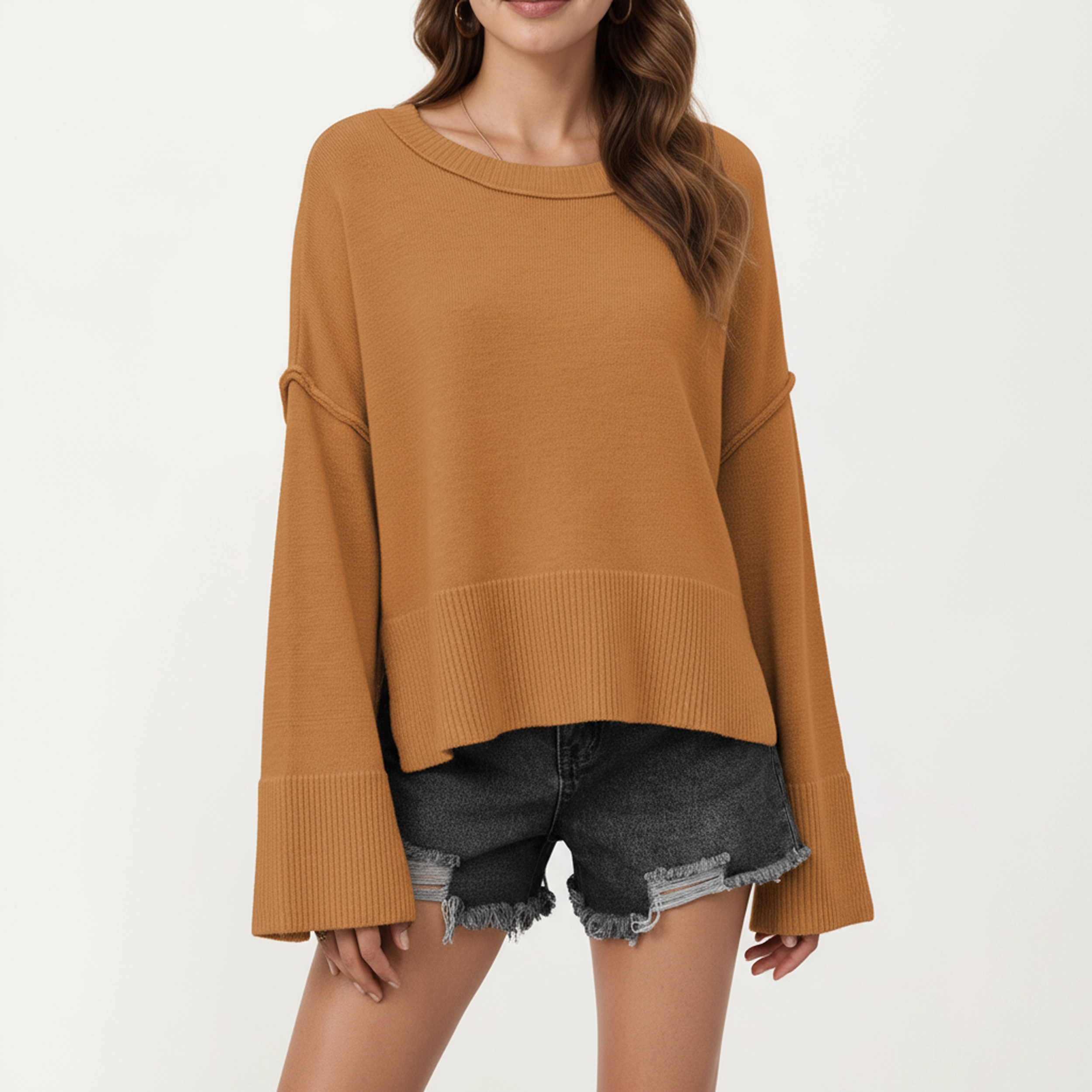 Anna-Kaci Women's Solid Wide Ribbed Hem Relaxed Fit Pullover Sweater