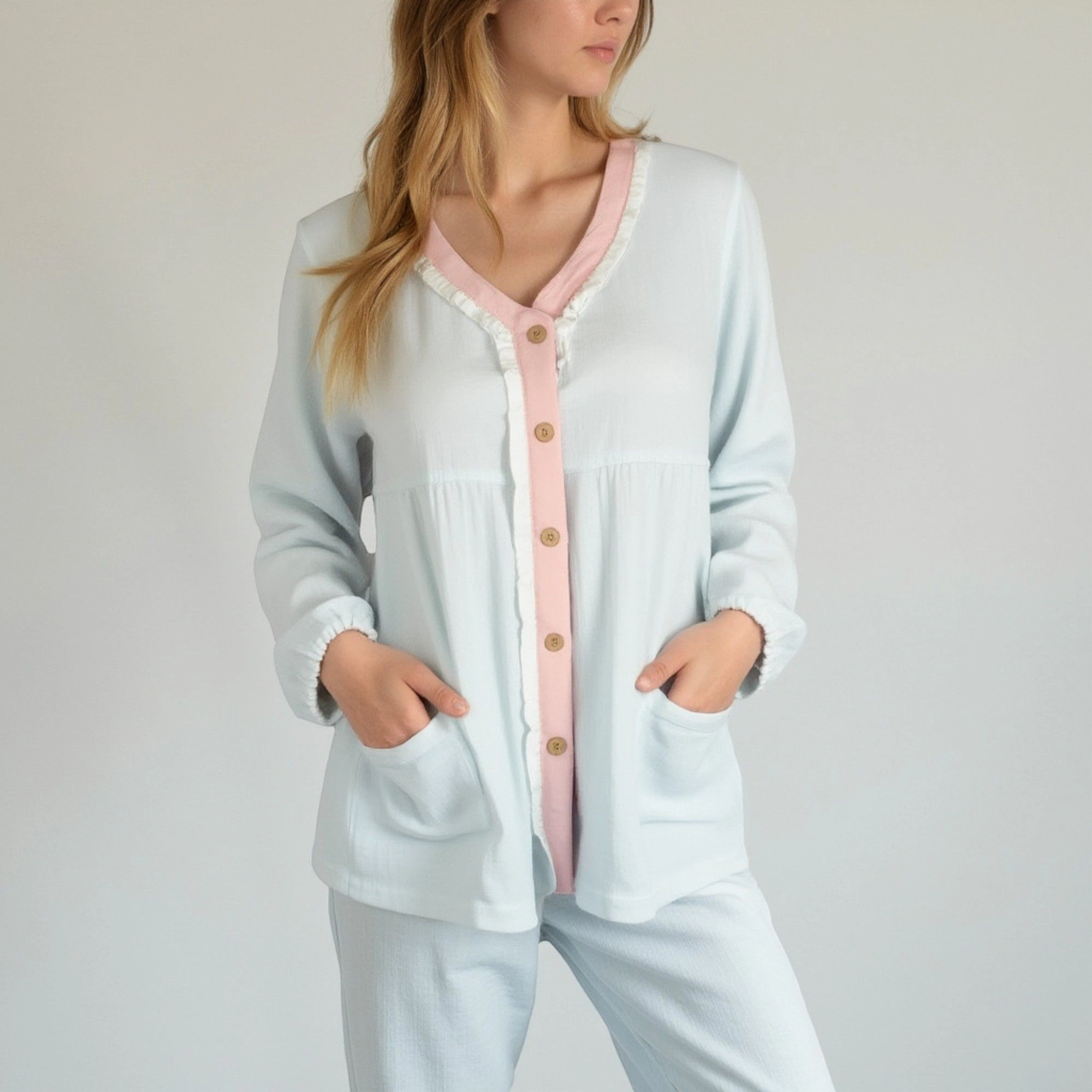 Anna-Kaci Women's Long Sleeve Button Up Pajama Set with Ruffle Trim and Front Patch Pockets