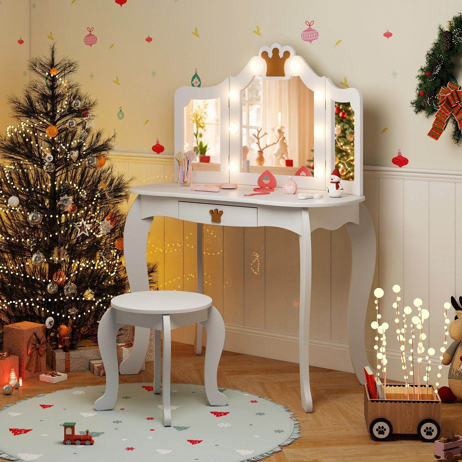 SUGIFT White Tri-Fold Lighted Mirror Detachable Top and Stool Kids Vanity Set