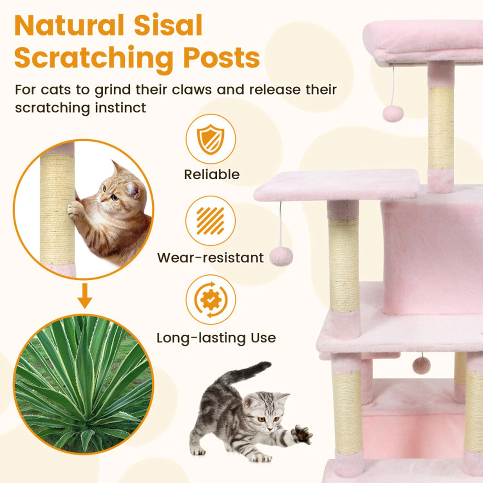 SUGIFT 58-in Multi-Level Cat Tree Tower with Padded Top Perch Condo and Scratching Posts 29-lb Net Weight Pink