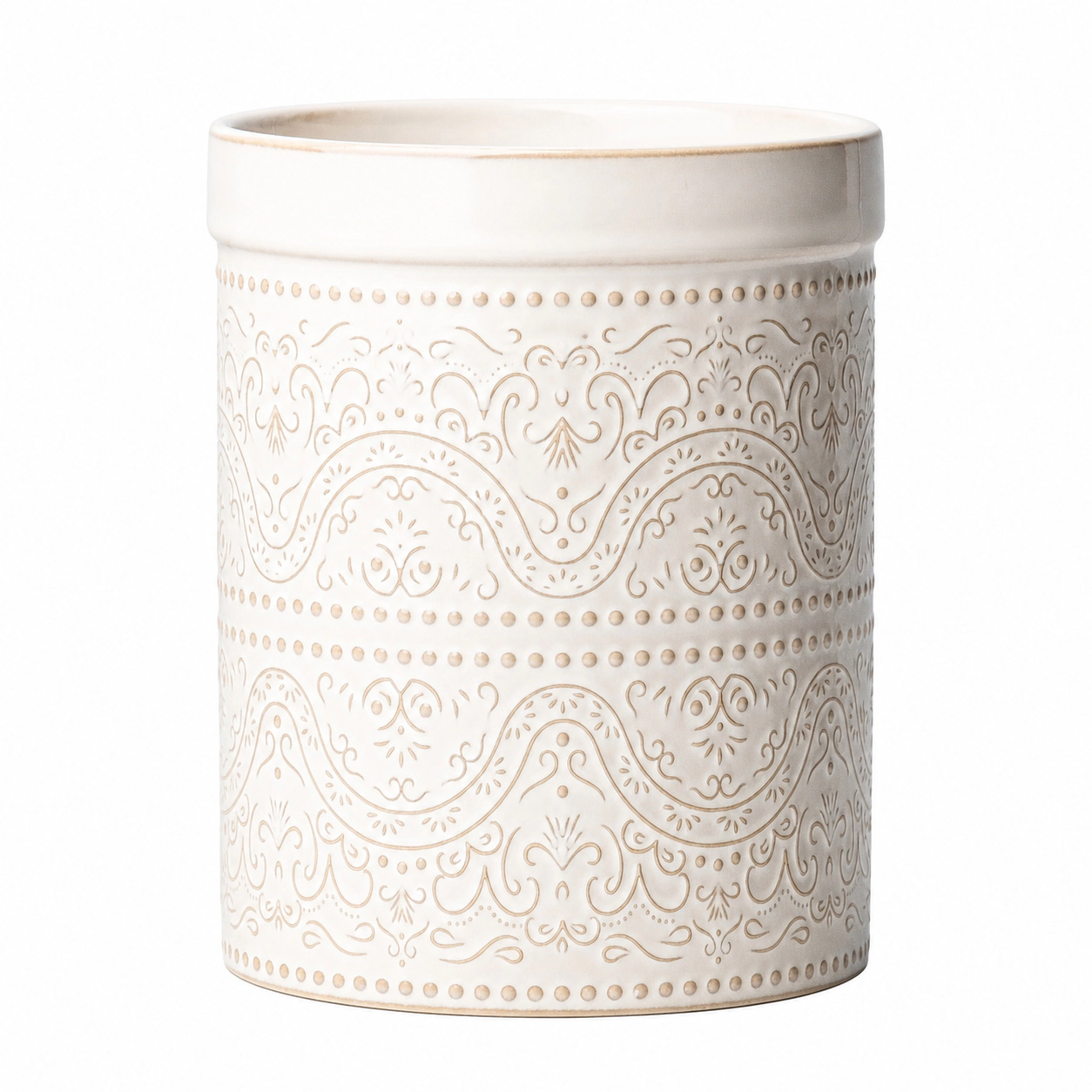 WZK Large Ceramic Embossed Crock Kitchen Utensil Holder