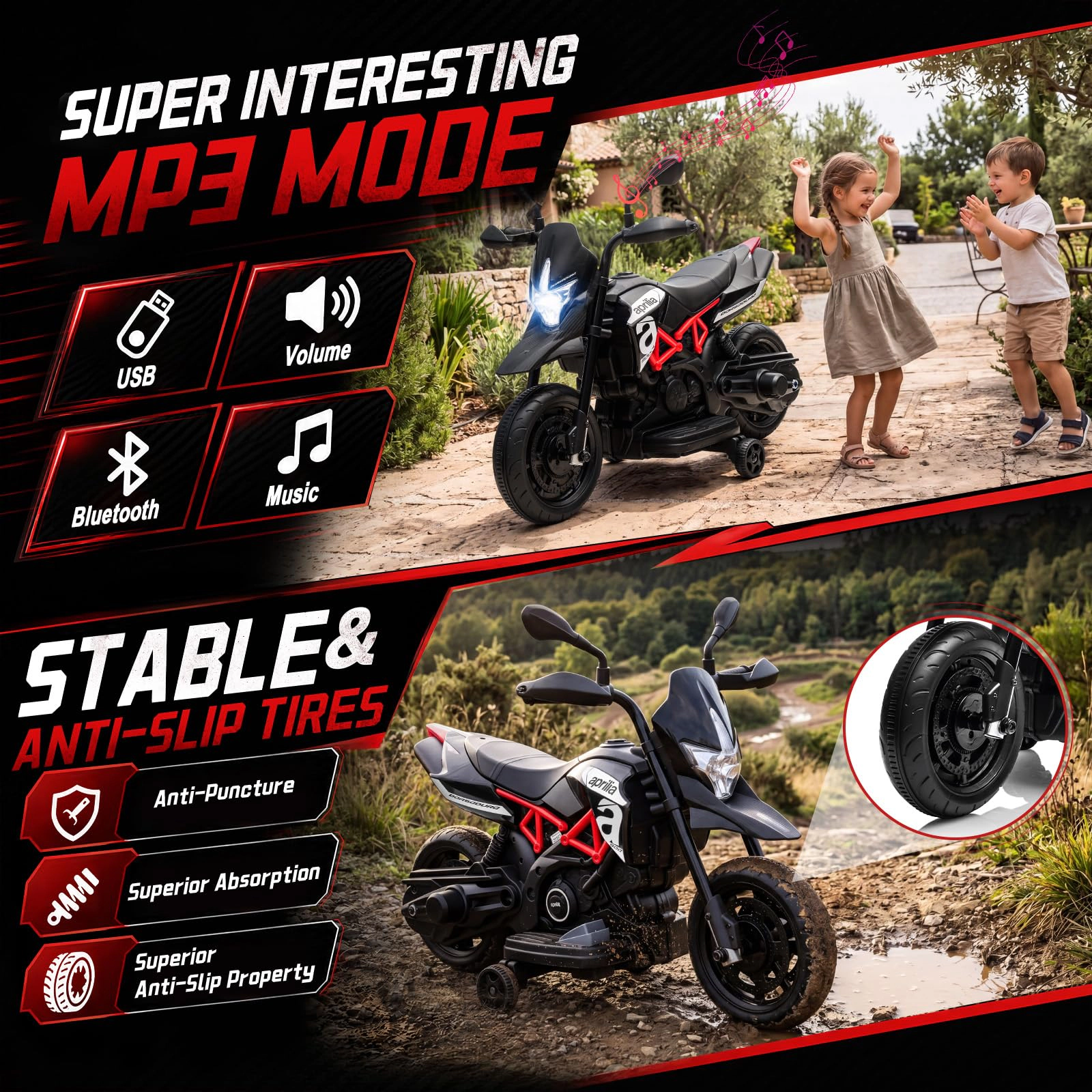 6V Kids Electric Motorcycle with Training Wheels, Dirt Bike Style Ride On Toy Headlight, Music & USB Port