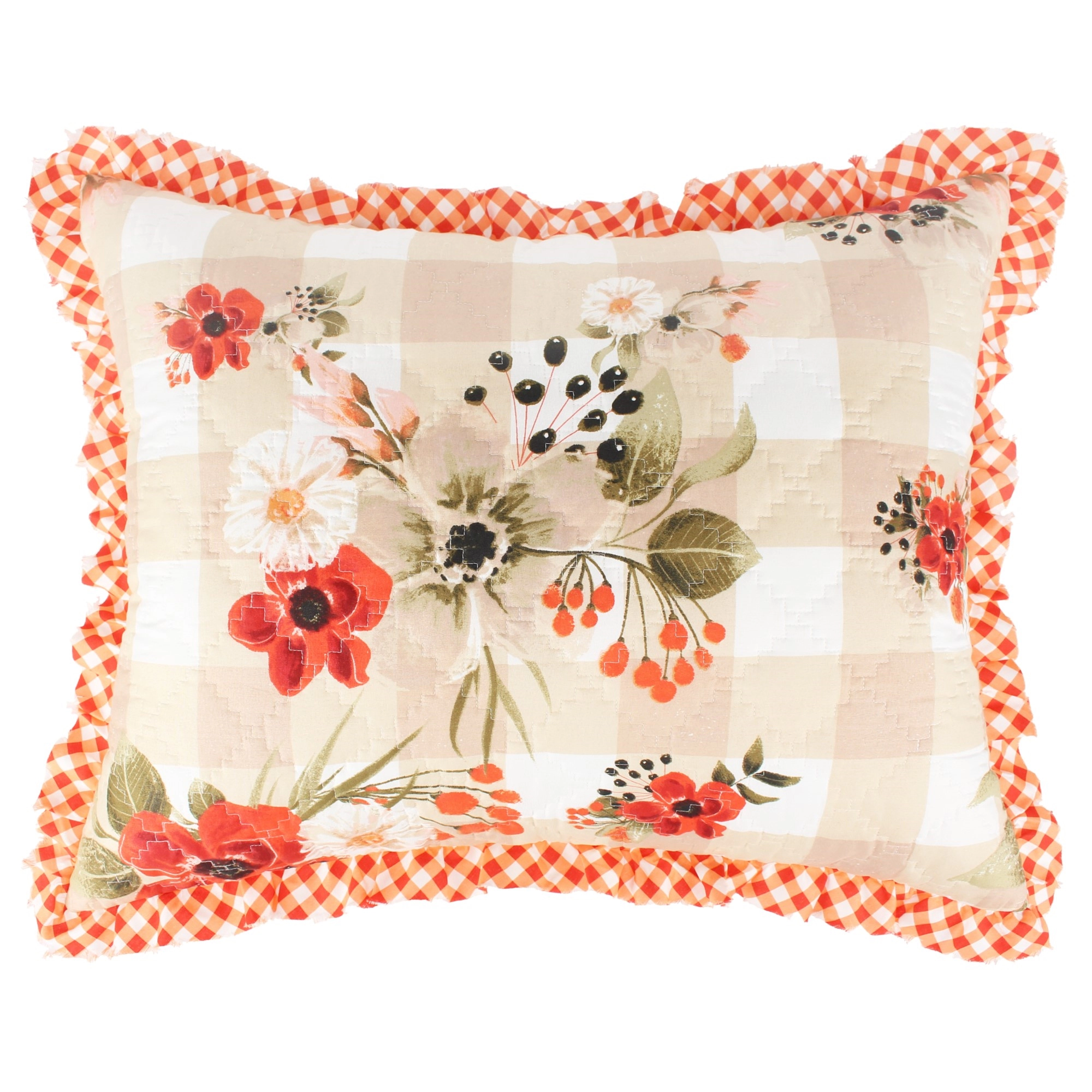 Greenland Home Wheatly Farmhouse Gingham Quilted Pillow Sham inch with Ruffle Trim