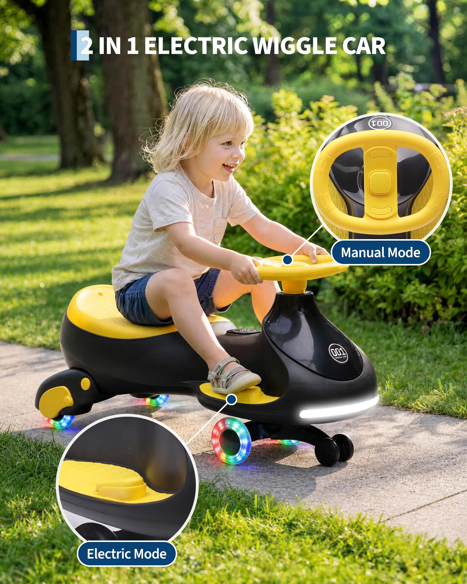 12V Electric Wiggle Car for Kids, 2-in-1 Swing with Pedal, Anti-Rollover, 130Lbs Capacity, Flashing Wheels & Music