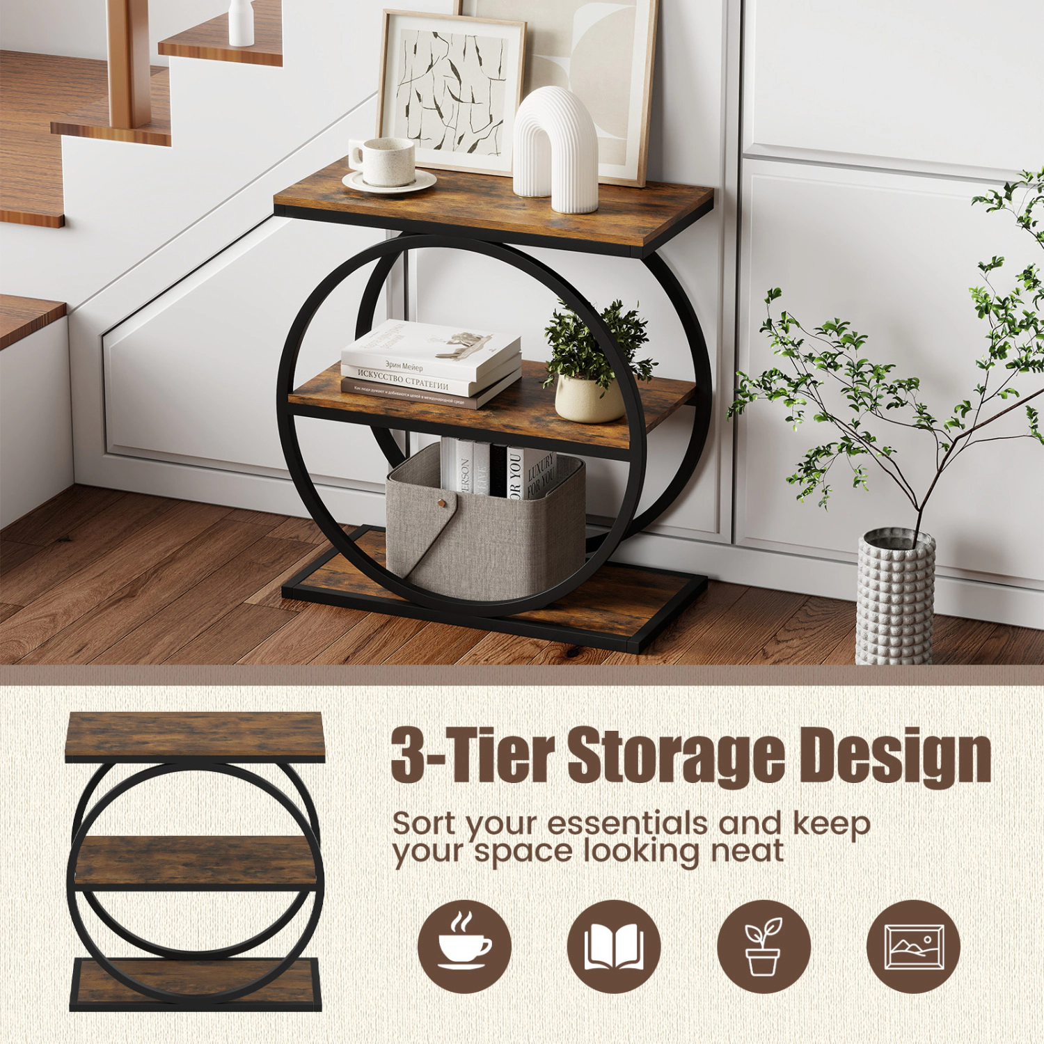 LJG Industrial Faux Marble Side Table with Metal Frame for Living Room Bedroom