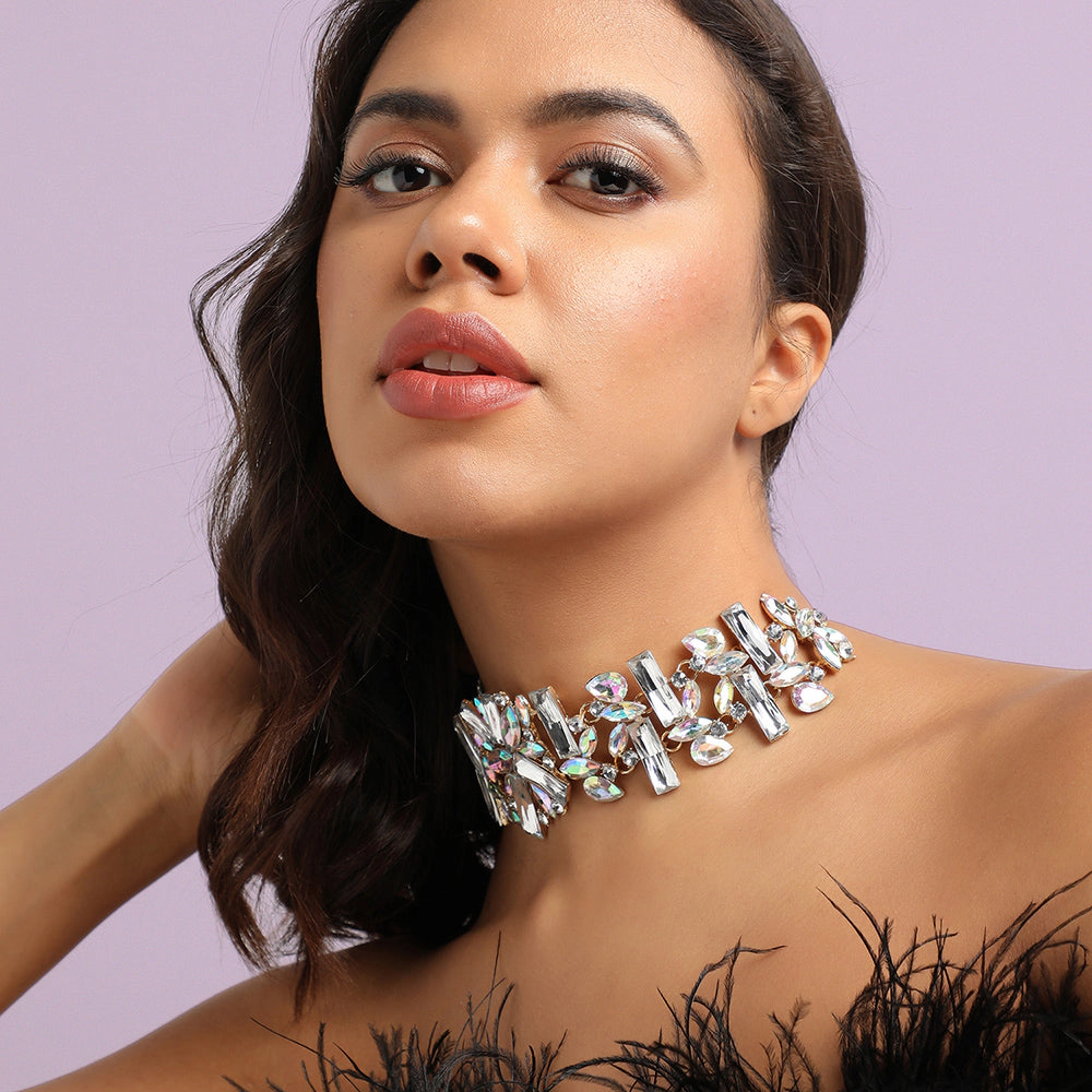 SOHI Women's Crystal Silver Chunky Crystal Choker Necklace