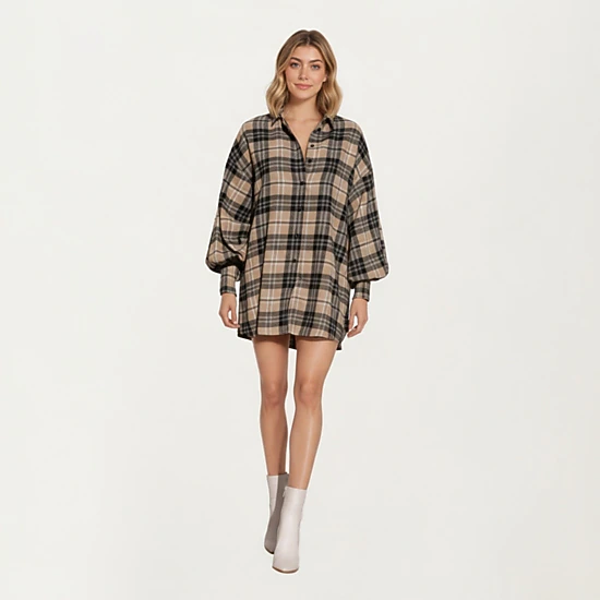 Anna-Kaci Women's Oversized Plaid Long Balloon Sleeves Button Front Collar Detail Shirt Dress