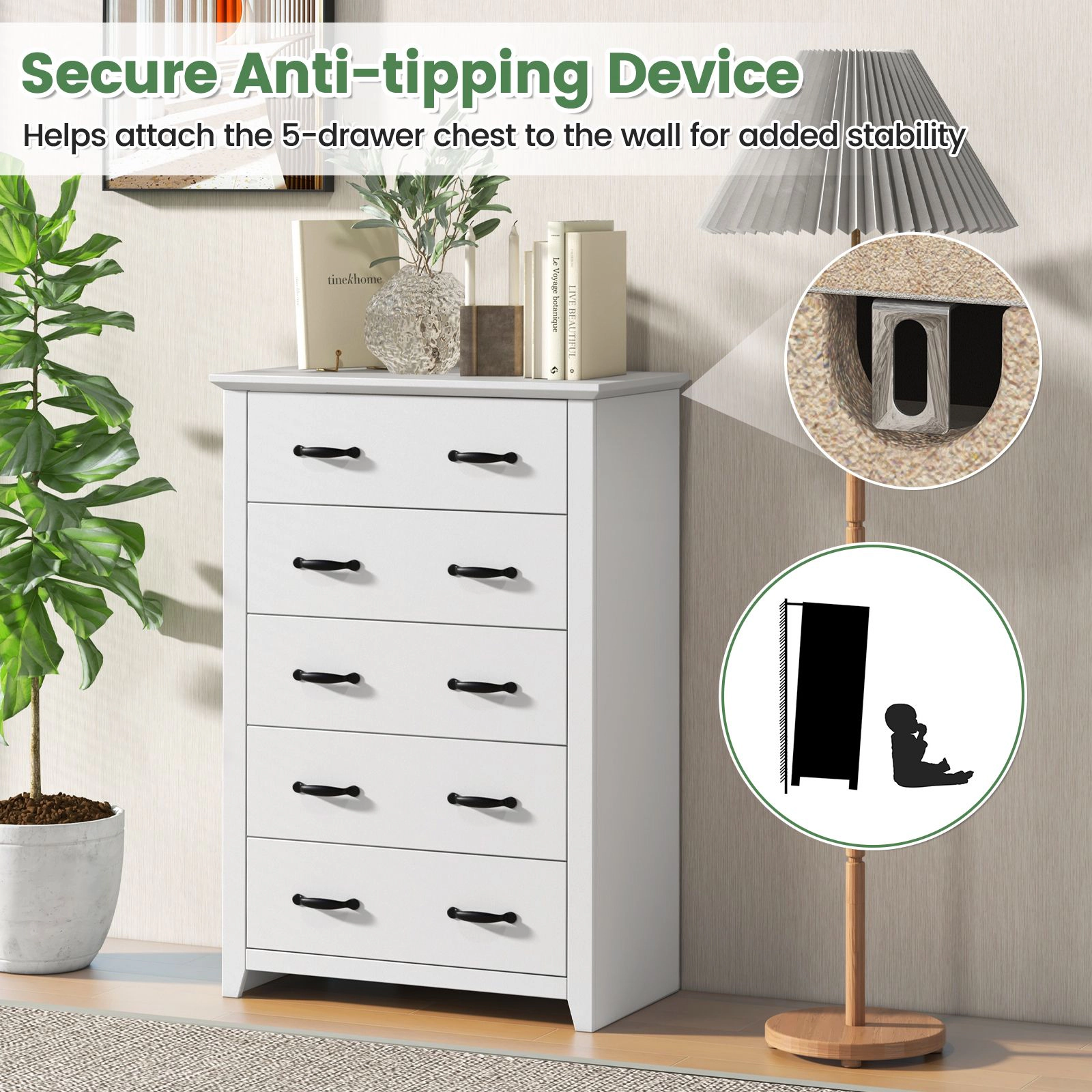 SlickBlue 5 Drawer Storage Dresser Cabinet with Wooden Grain Design