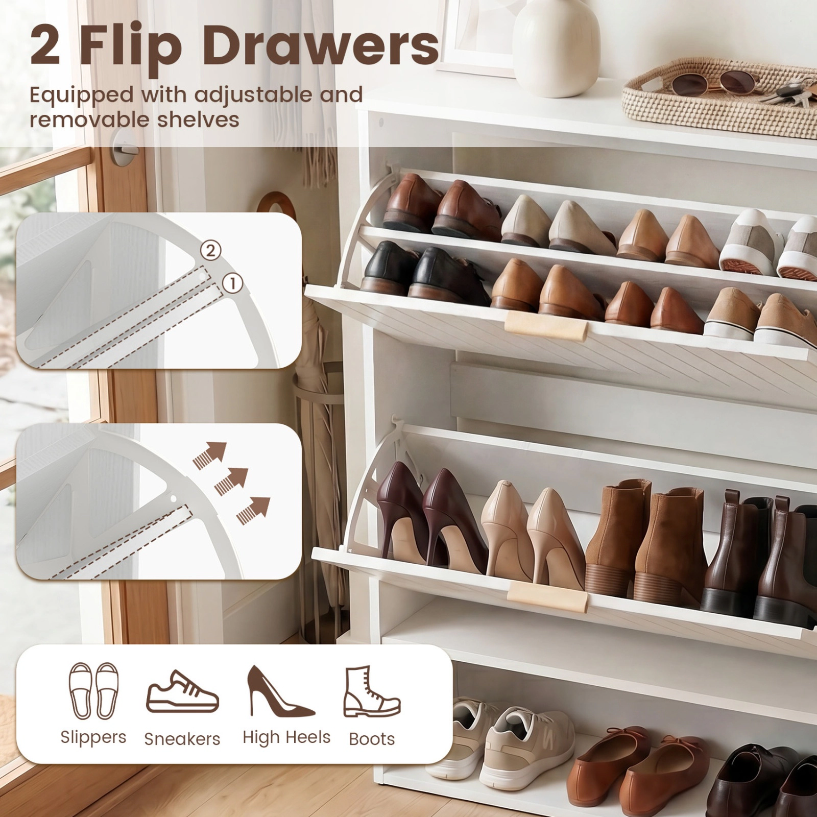 SUGIFT White 9.5-in Slim Fluted Shoe Cabinet with 2 Flip Drawers and Hidden Shoe Storage for Hallway