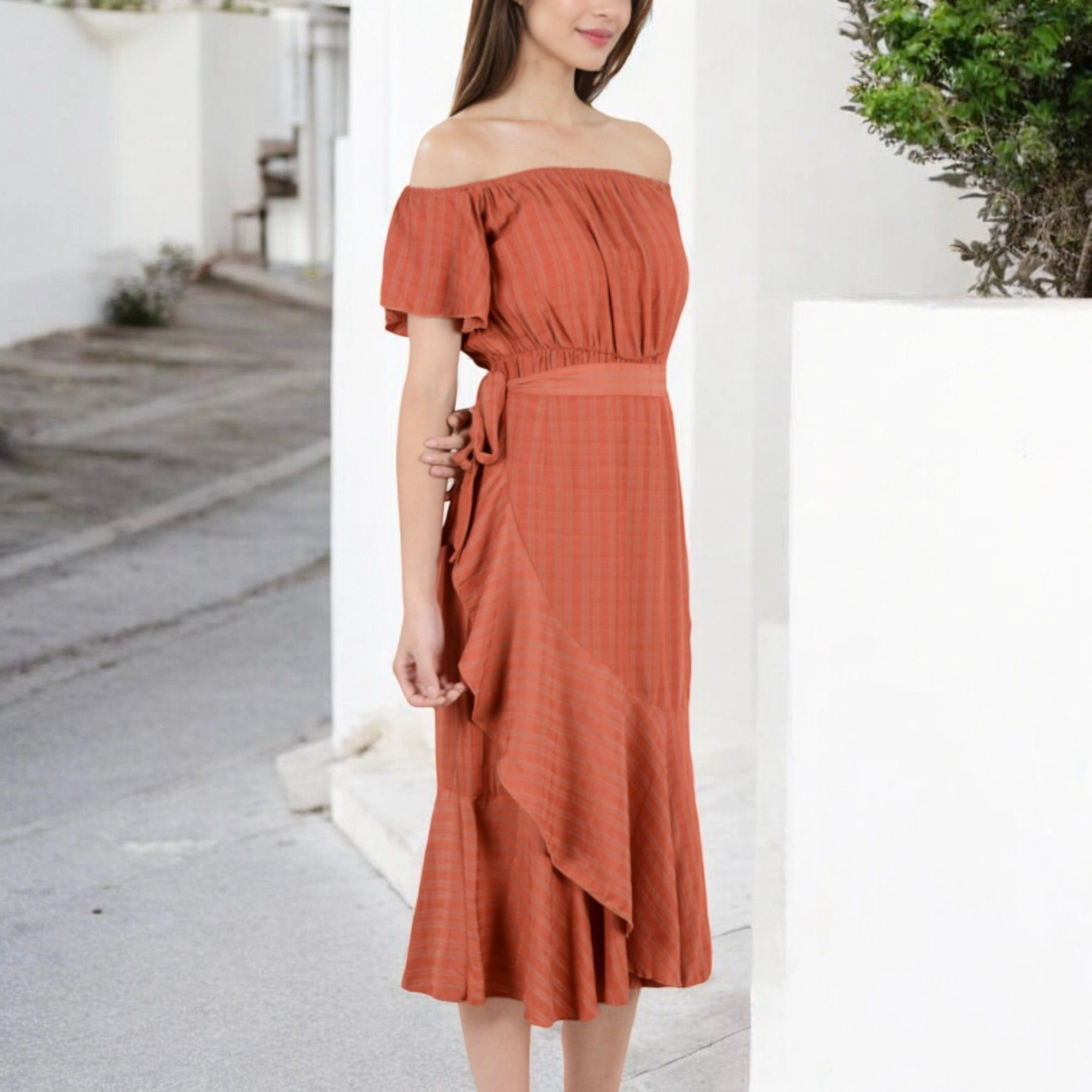 Anna-Kaci Women's Off Shoulder Plaid Flutter Sleeve Asymmetrical Hem Midi Dress