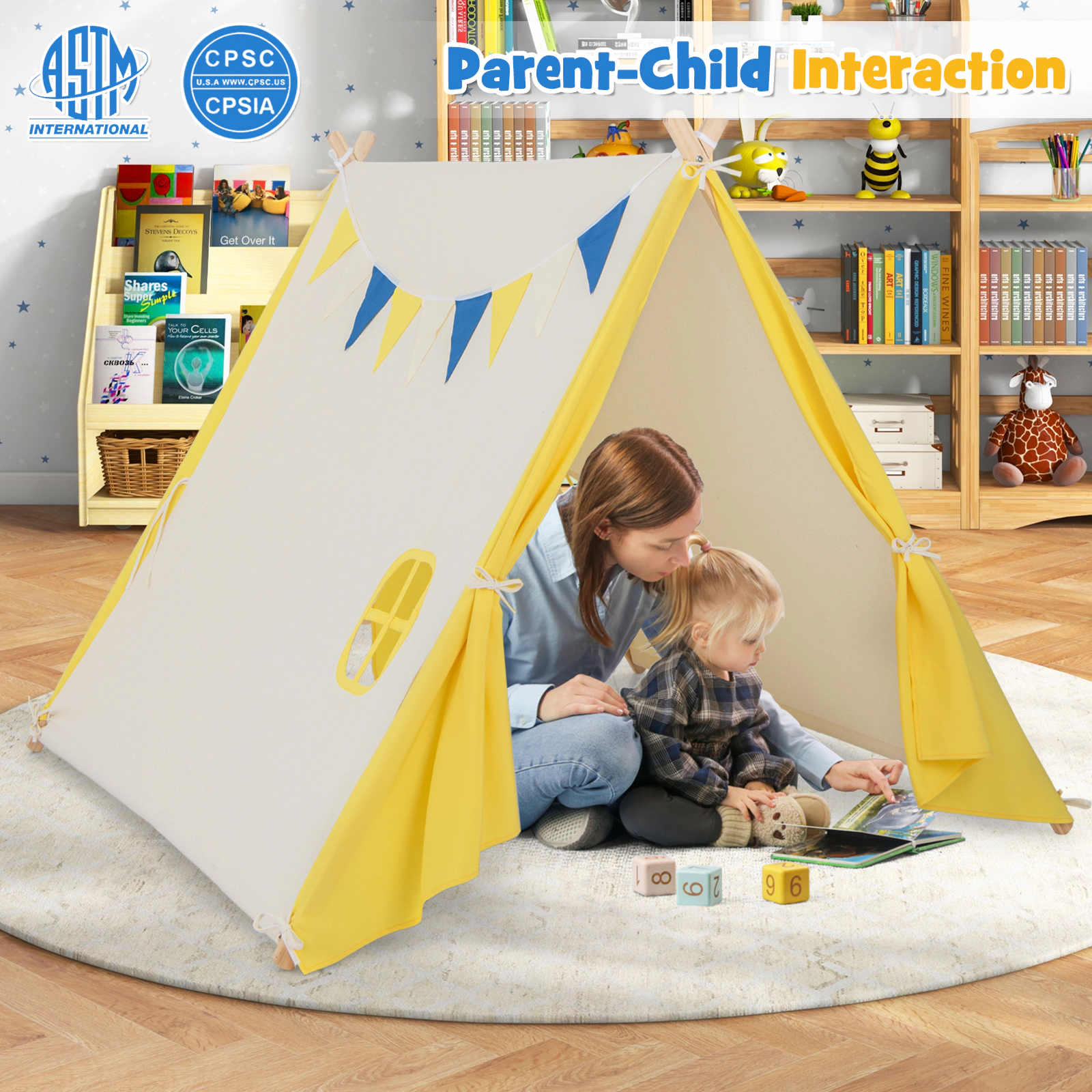 SUGIFT Kids Yellow and Beige Play Tent with Solid Pine Wood Frame 57-in W 54-in D 48-in H for 2 Children