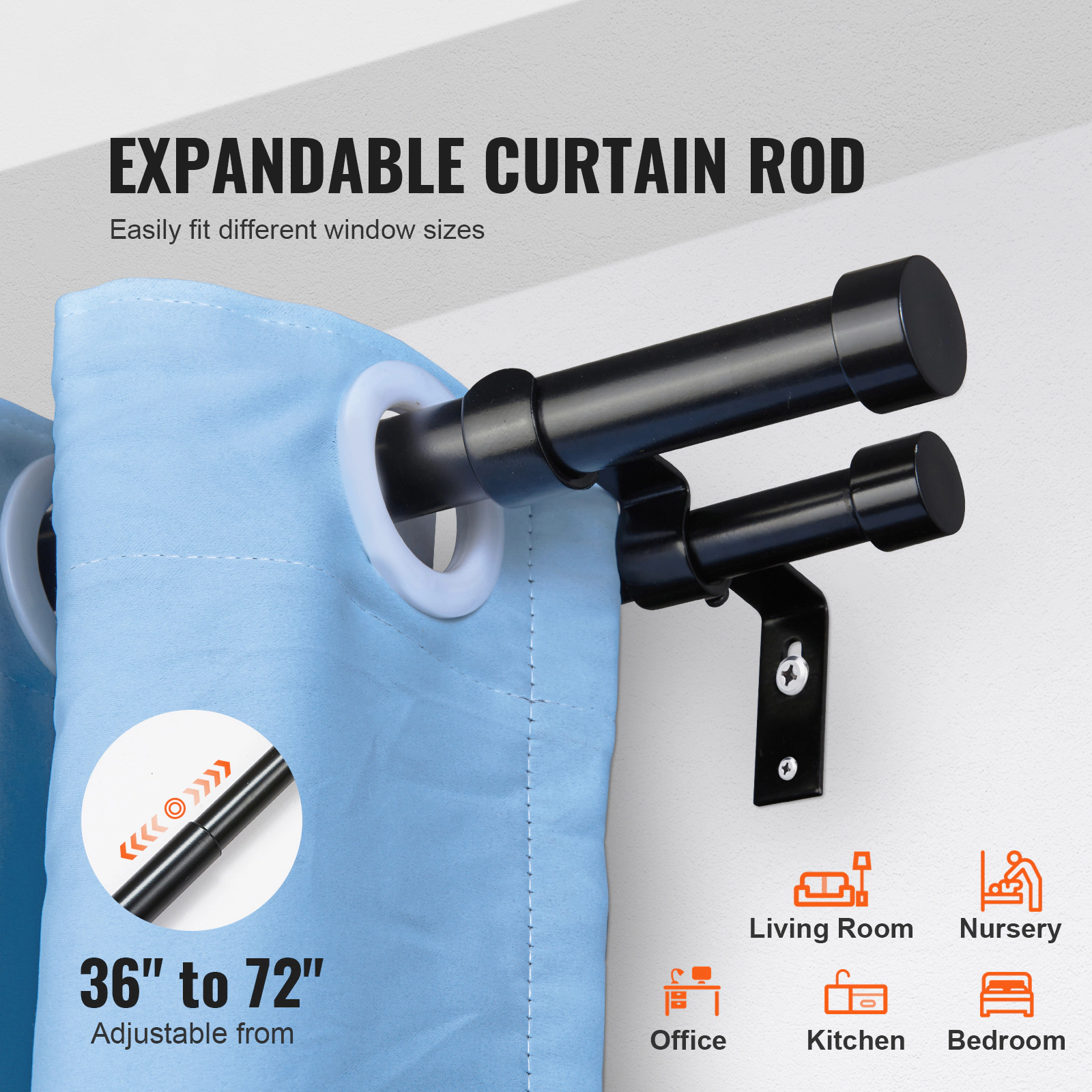 HONGGE Double Curtain Rods Drapery Rods for Curtain Rod with Round Finials Black