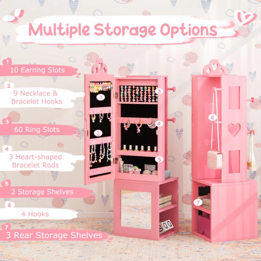 Hivvago Princess Vanity Table And Stool Set Freestanding Jewelry Cabinet Armoire With Full-Length Mirror-Pink