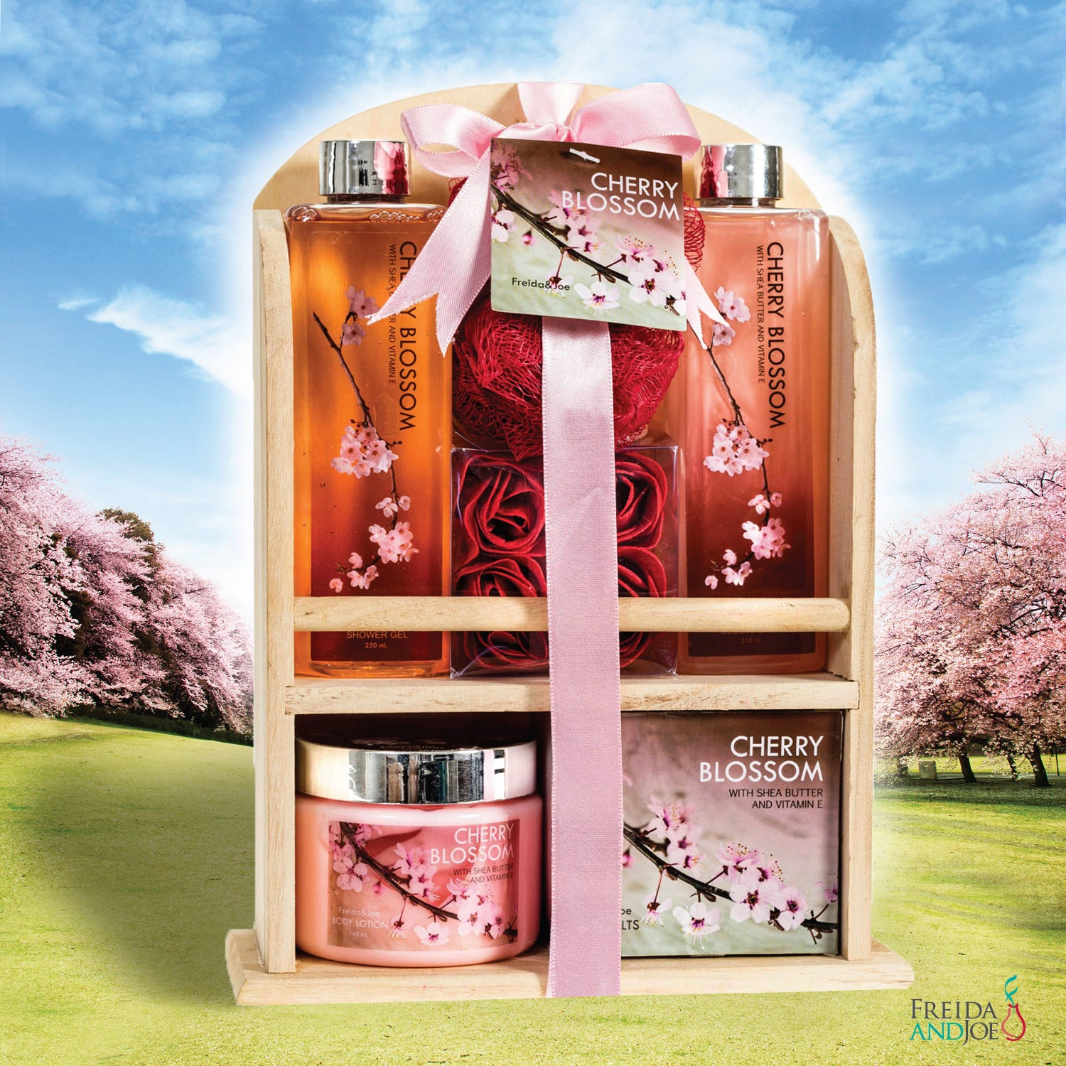 Freida and Joe Women Cherry Blossom Fragrance Bath &Body Spa Gift Set Wooden Curio