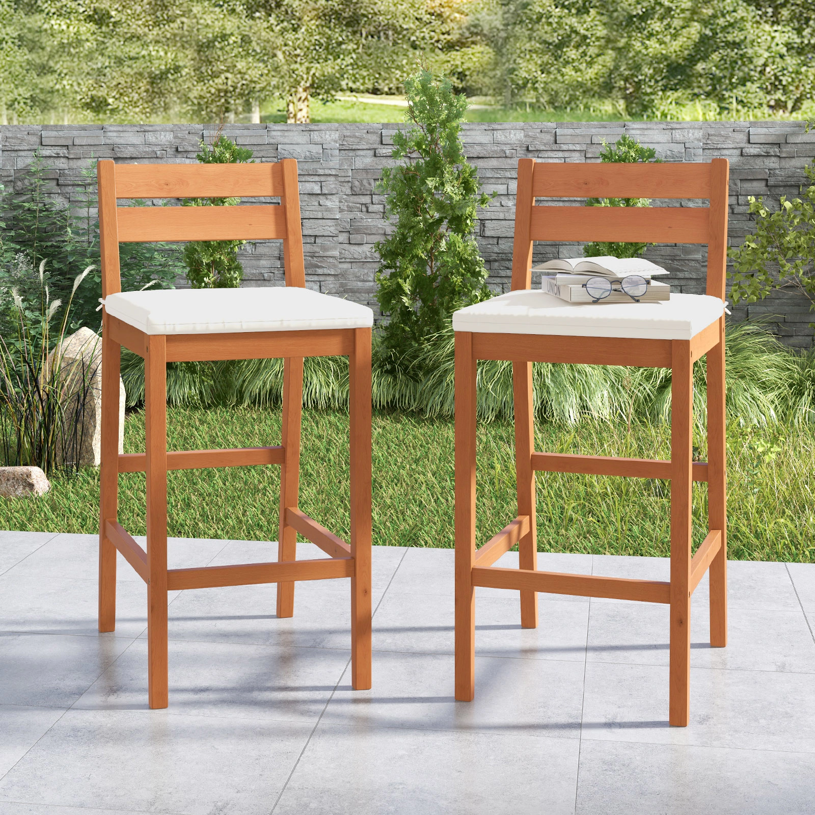 SUGIFT Off White Soft Seat Cushions Set of 2 Outdoor Eucalyptus Wood Bar Stools