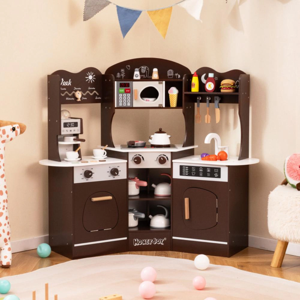 Hivvago Corner Wooden Play Kitchen with Coffee Machine and Slide for Kids