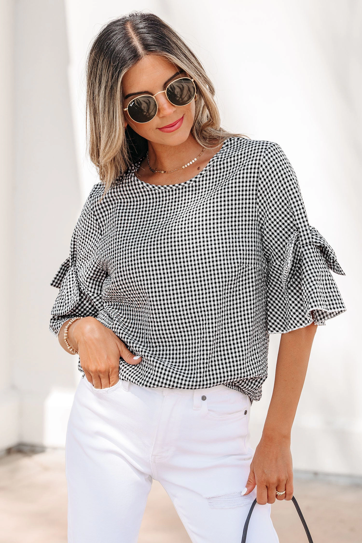 Threaded Pear Carolina Ruffled Half Sleeve Blouse