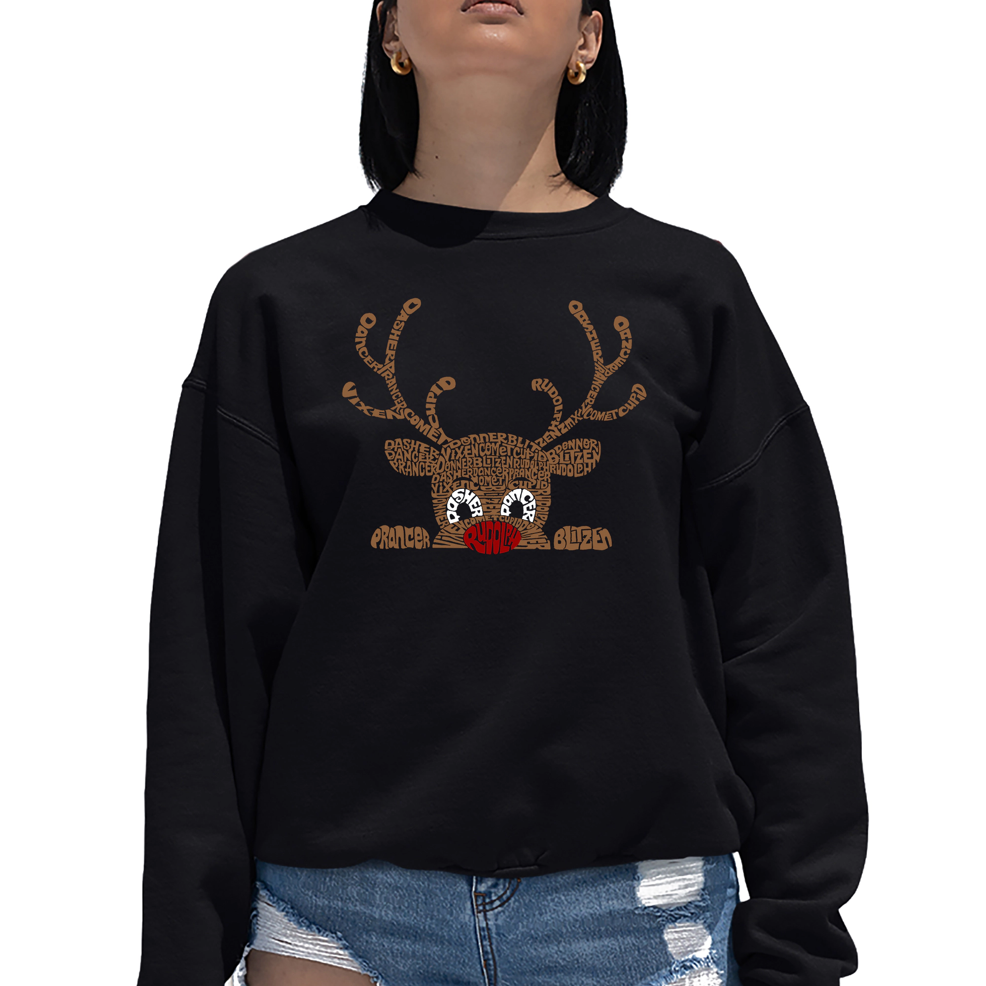 LA Pop Art Peeking Reindeer - Women's Word Crewneck Sweatshirt