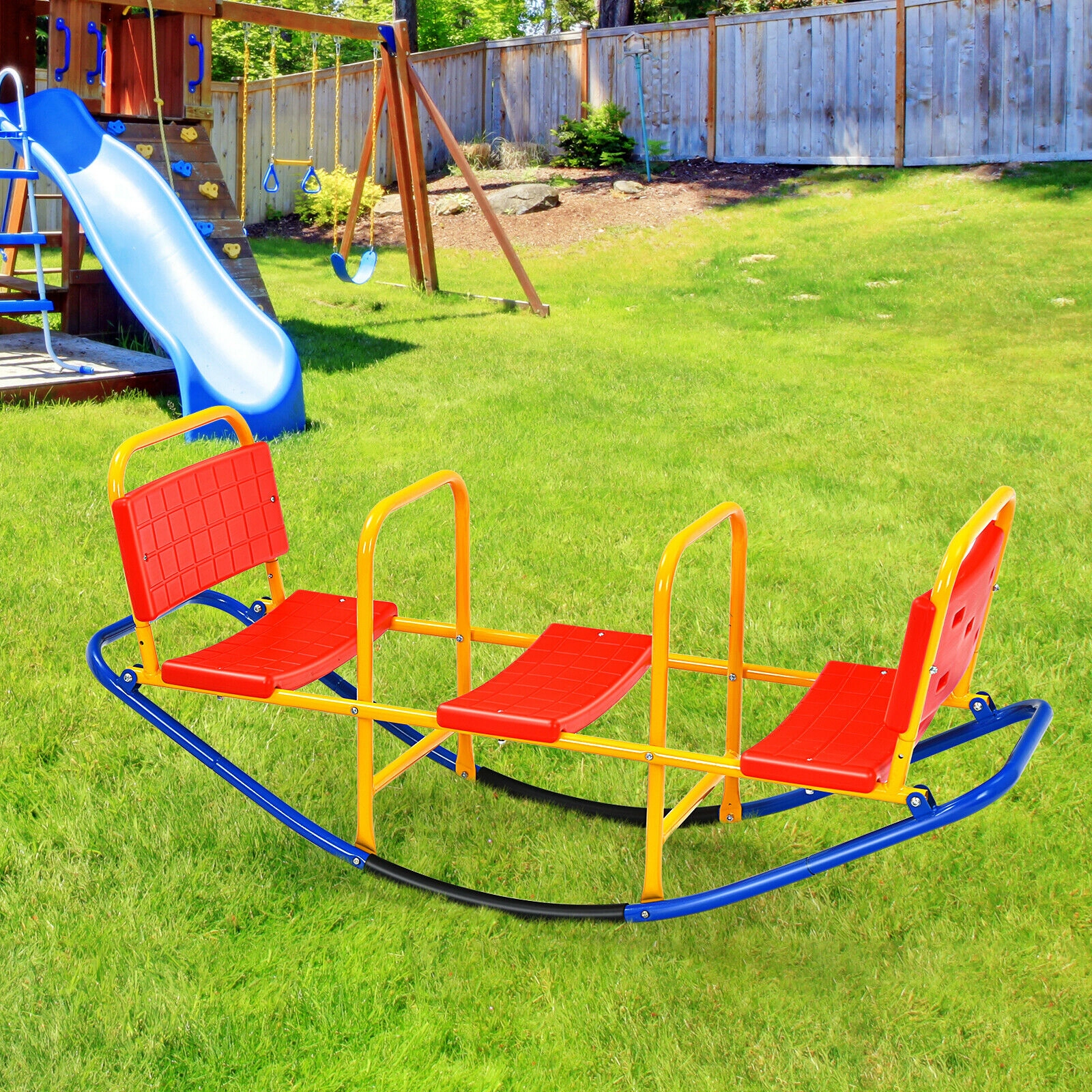 Kids Teeter Totter Seesaw 360-Degree Swivel Sit and Spin Backrest Footrest Handlebars 200-lb Capacity Ages 3-8 Red