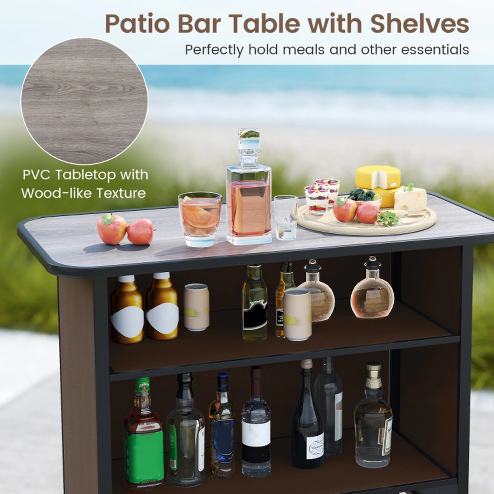 SUGIFT Outdoor Bar Set with Footrest & 2-Tier Shelf Bar Table & Chairs 330-lb Barstools & 110-lb Table Coffee/Black