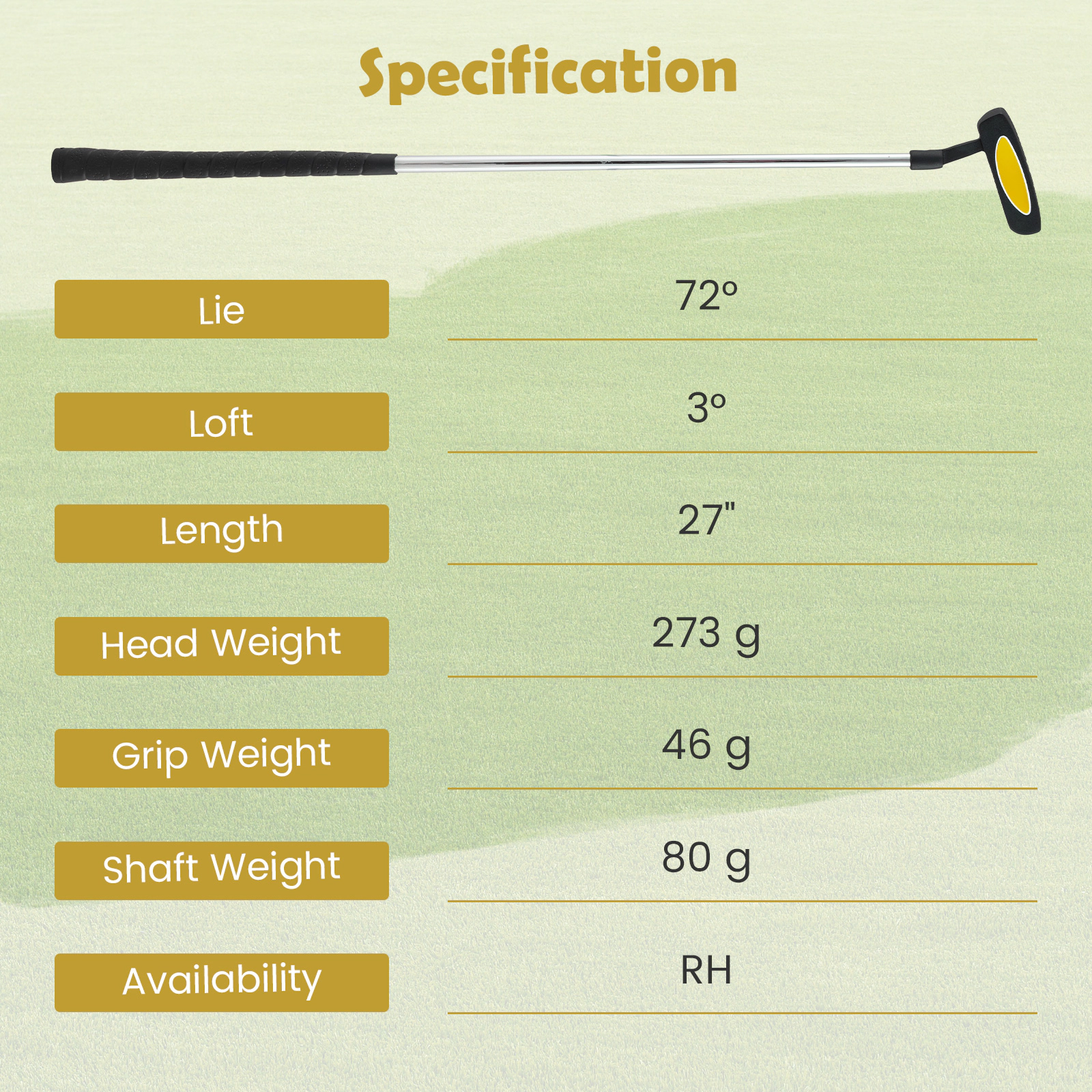 SUGIFT Yellow Kids Junior Mallet Putter Golf Club with Alignment Aid and Headcover 27-in Long 72 Degree Lie