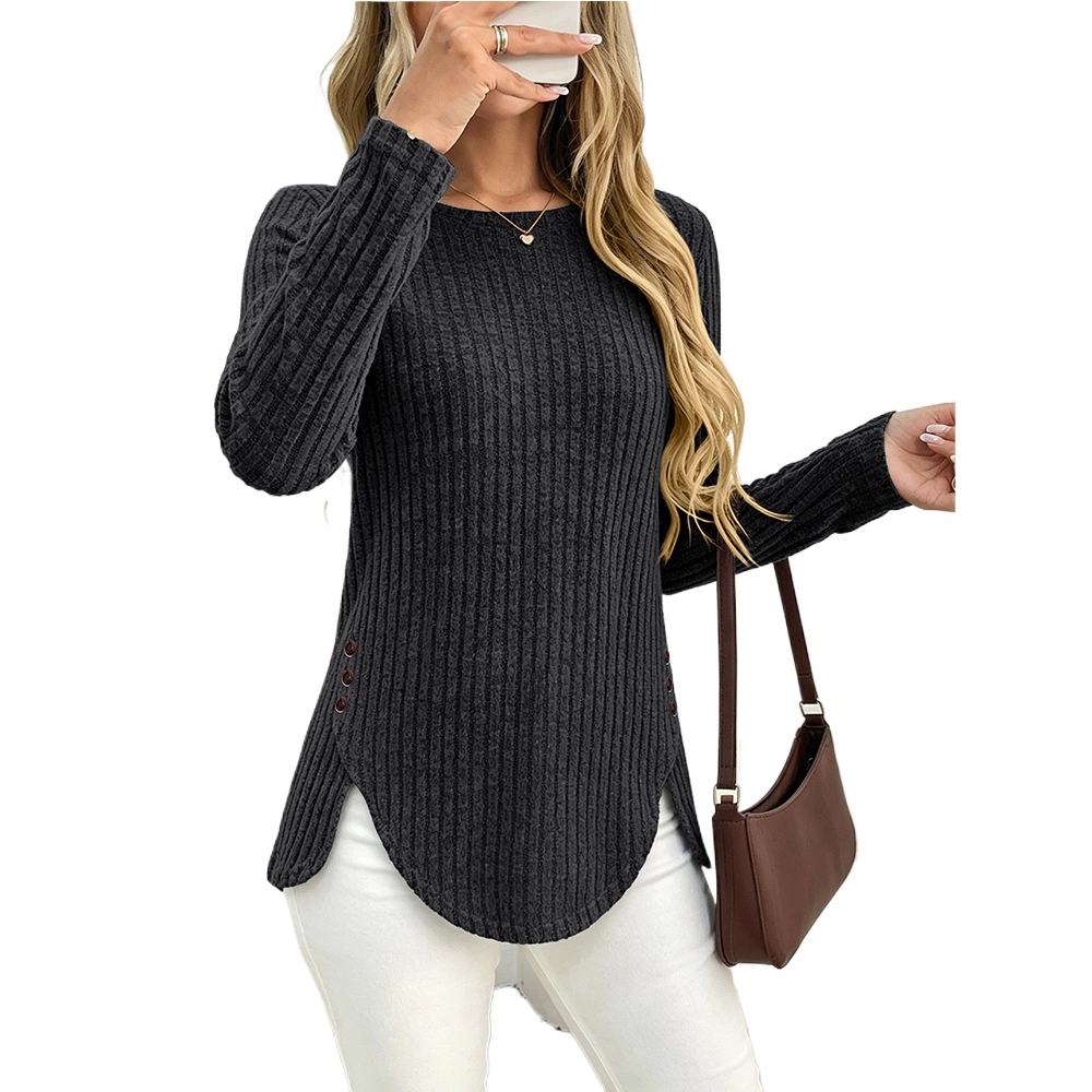 Enchanted Funland Womens Crew Neck Ribbed Knit Long Sleeve Button Tunic Tops