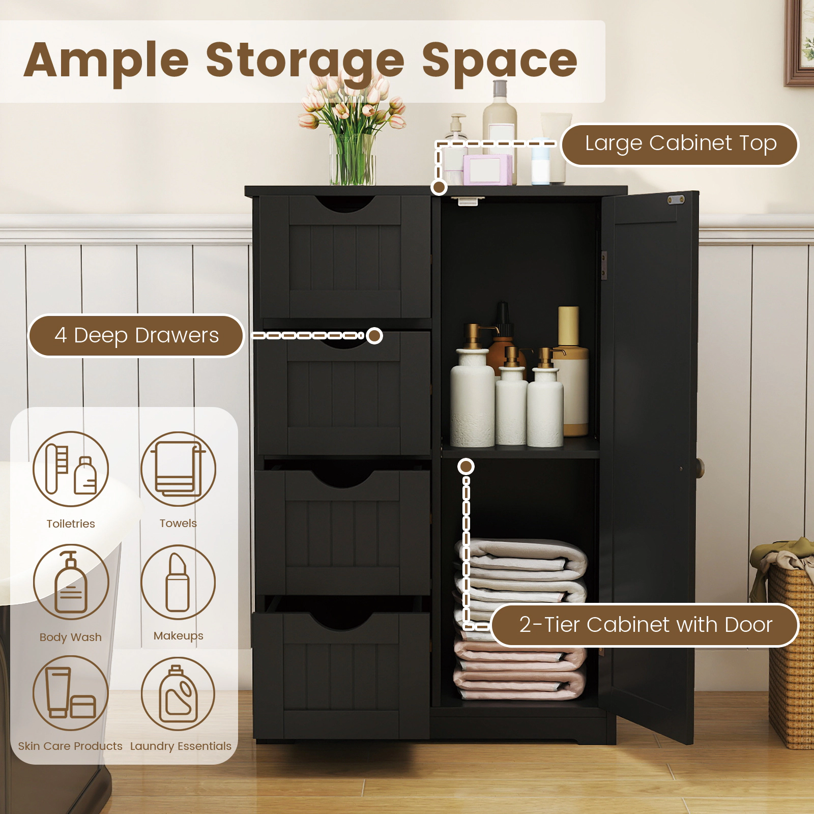 SlickBlue Freestanding Bathroom Floor Cabinet with 4 Drawers and Storage