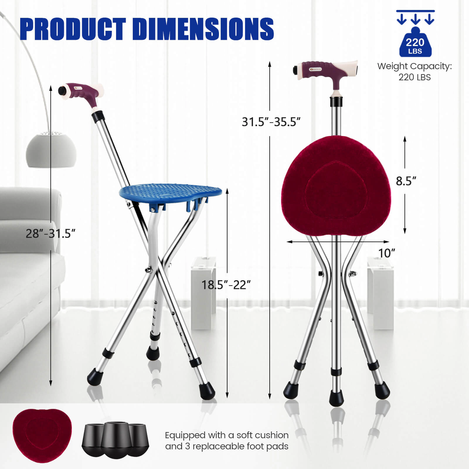 SUGIFT Folding Cane Seat with LED Light, 5 Adjustable Heights, 220-Lb Capacity