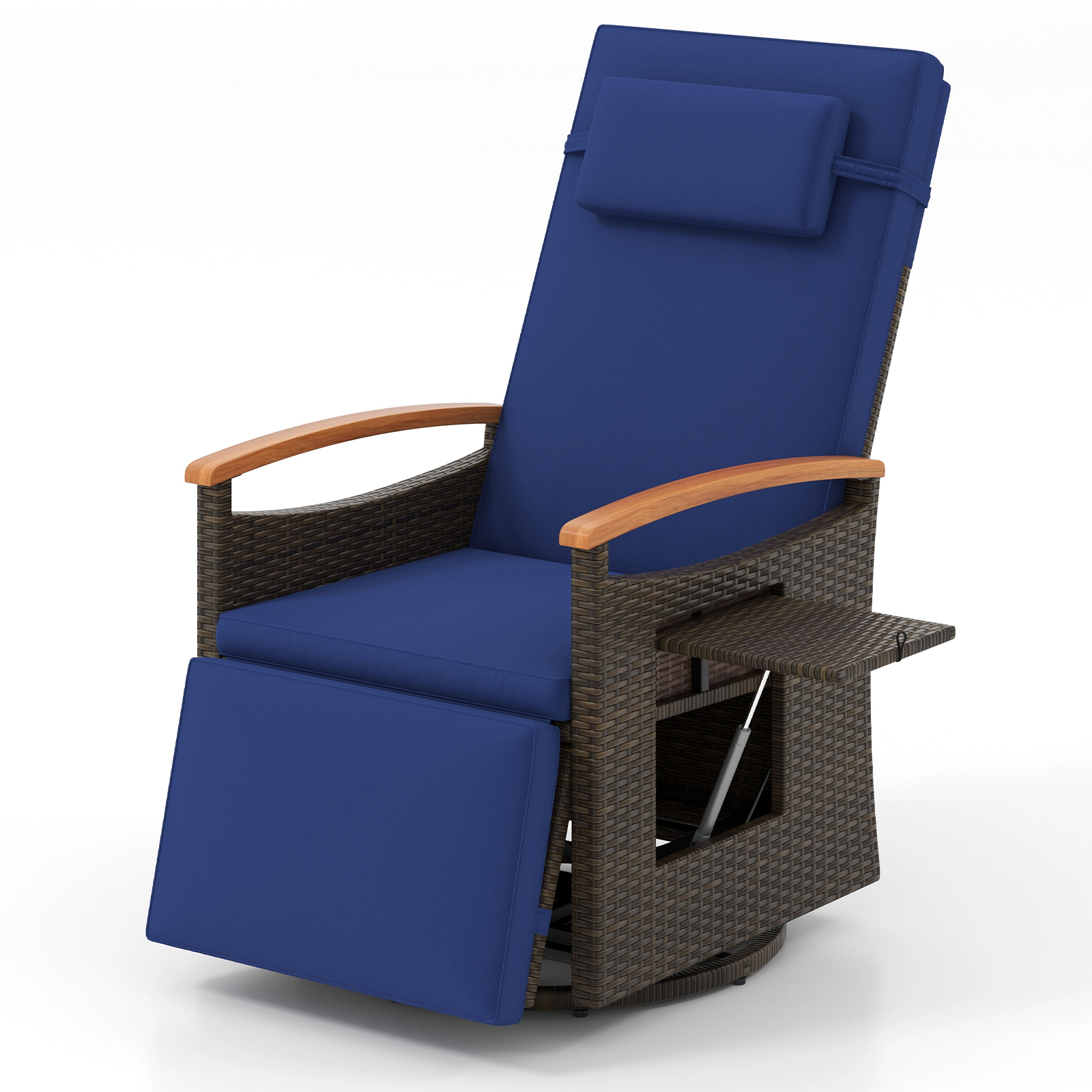 SUGIFT Patio Rattan 360° Swivel Recliner Chair with Adjustable Backrest & Footrest 400-lb Capacity with Side Table Navy